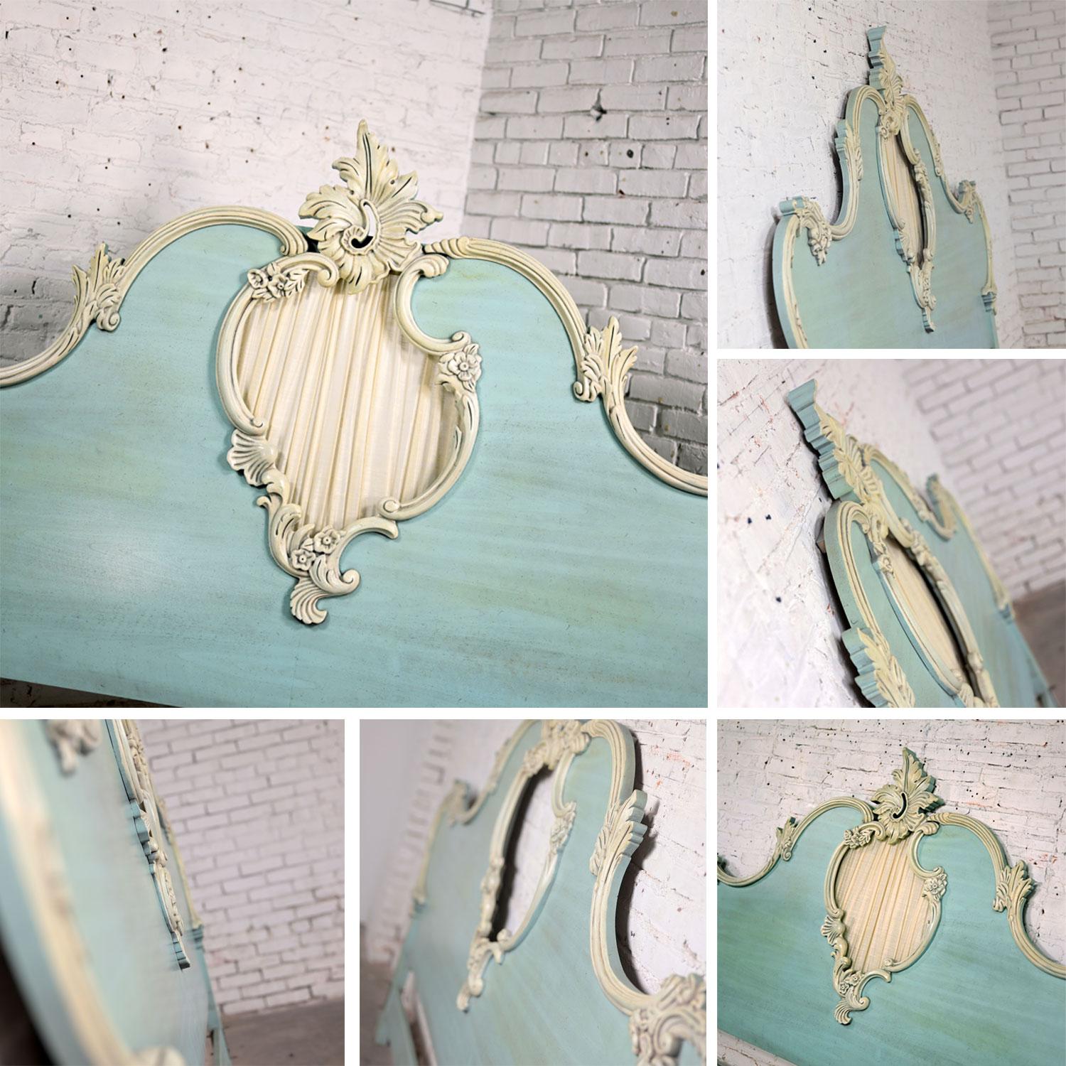 French Provincial King Headboard Powder Blue Ceruse Finish & Heavy Carved Detail For Sale 2