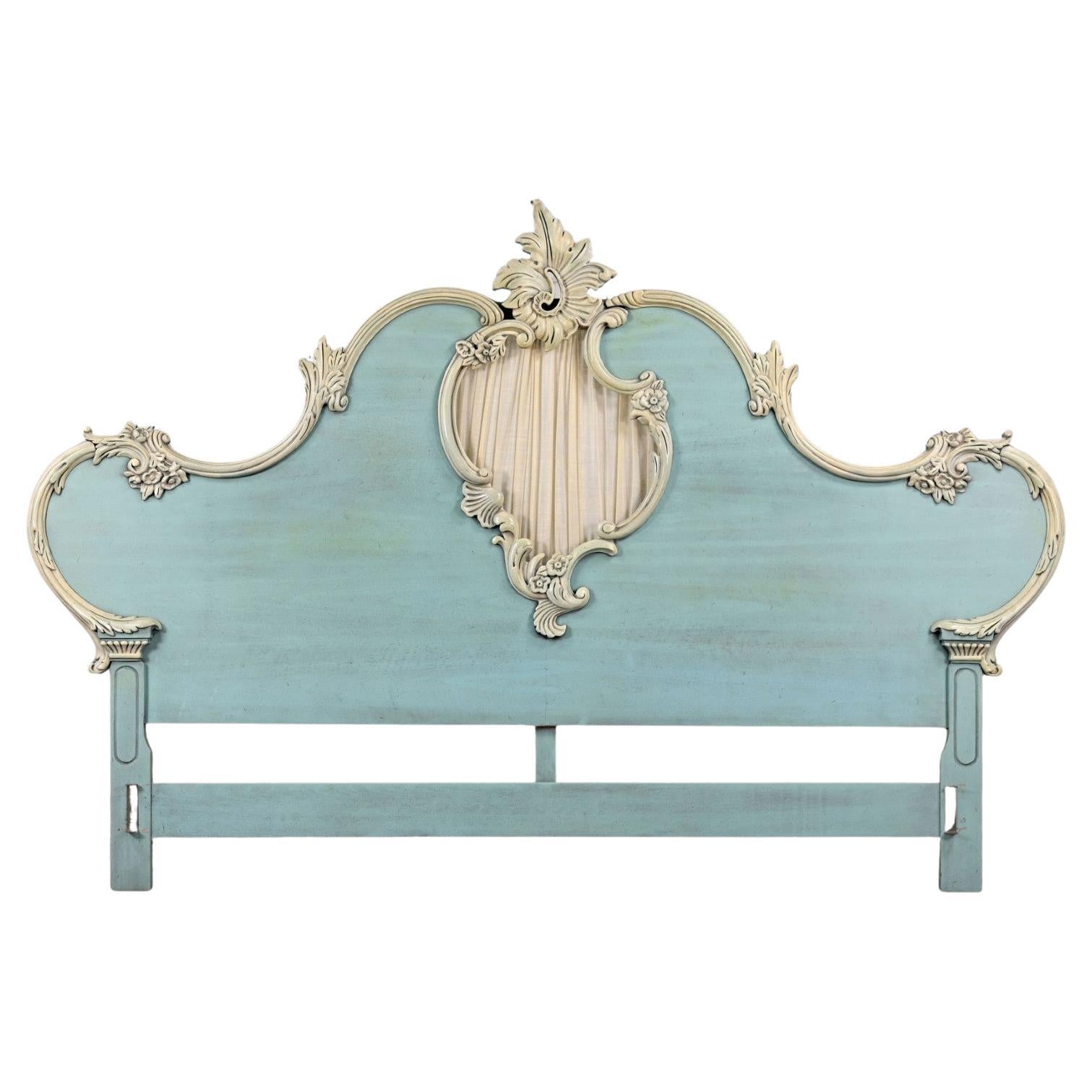 French Provincial King Headboard Powder Blue Ceruse Finish & Heavy Carved Detail