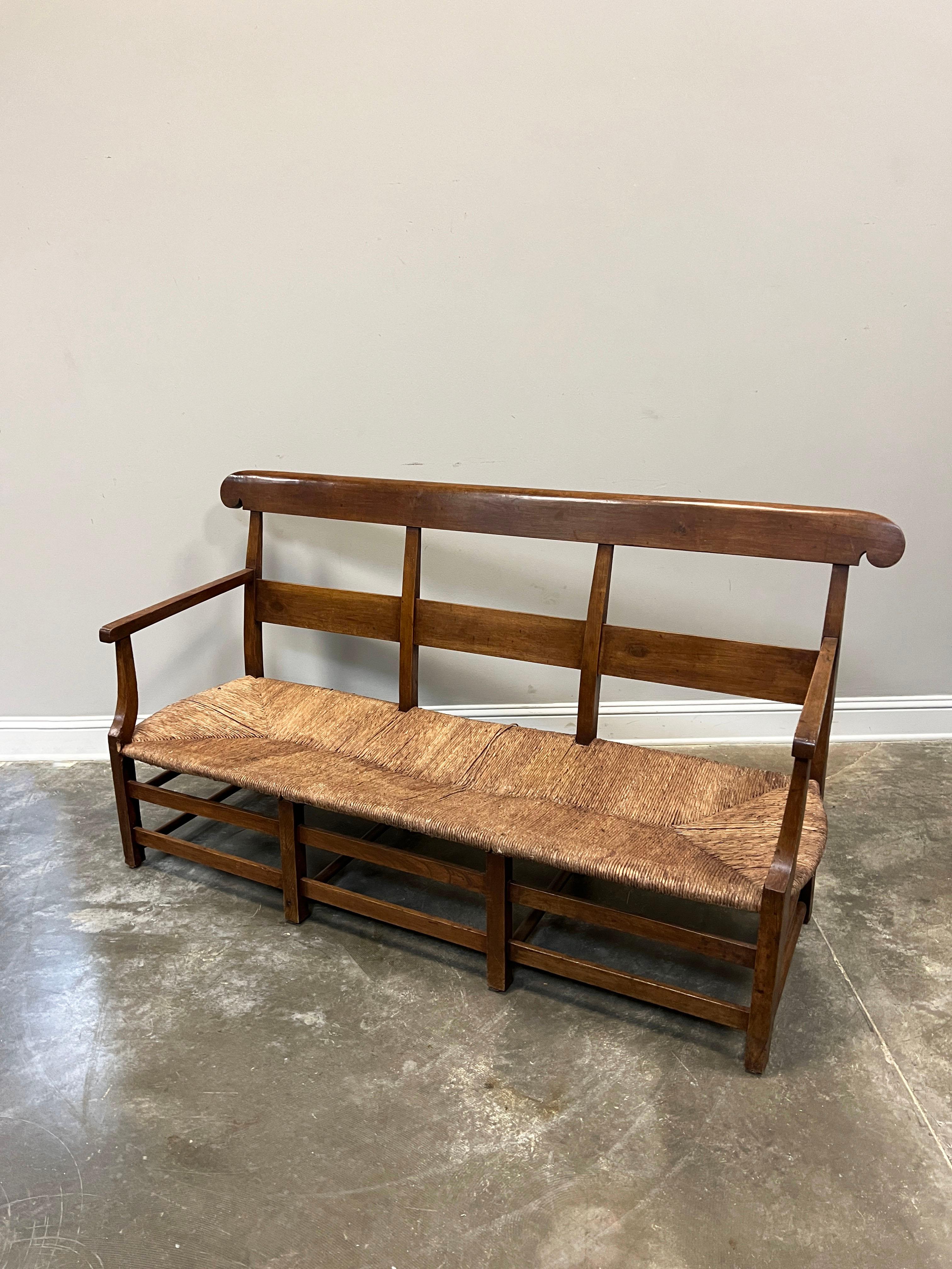 French Provincial Ladder Back Rush Seat Banquette In Fair Condition In Houston, US