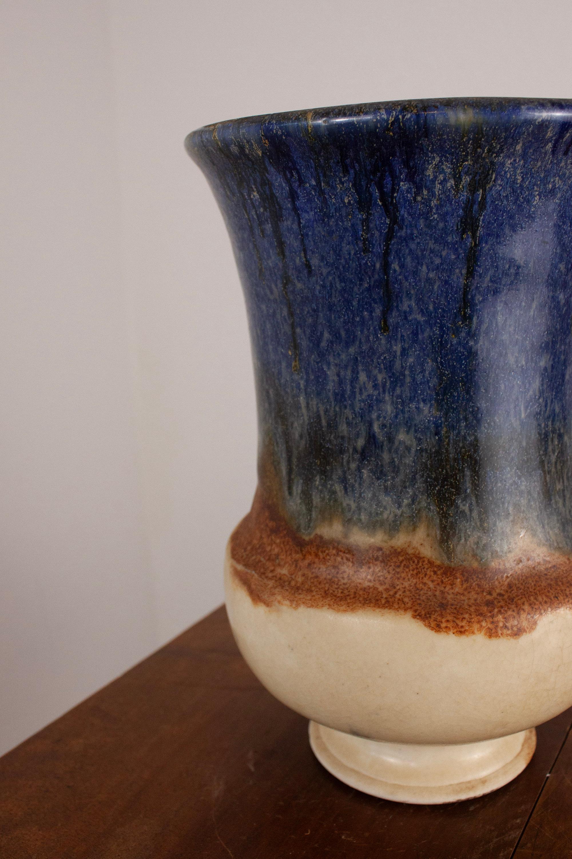 French Provincial Large Ceramic Vase with blue beige brown glaze For Sale 4