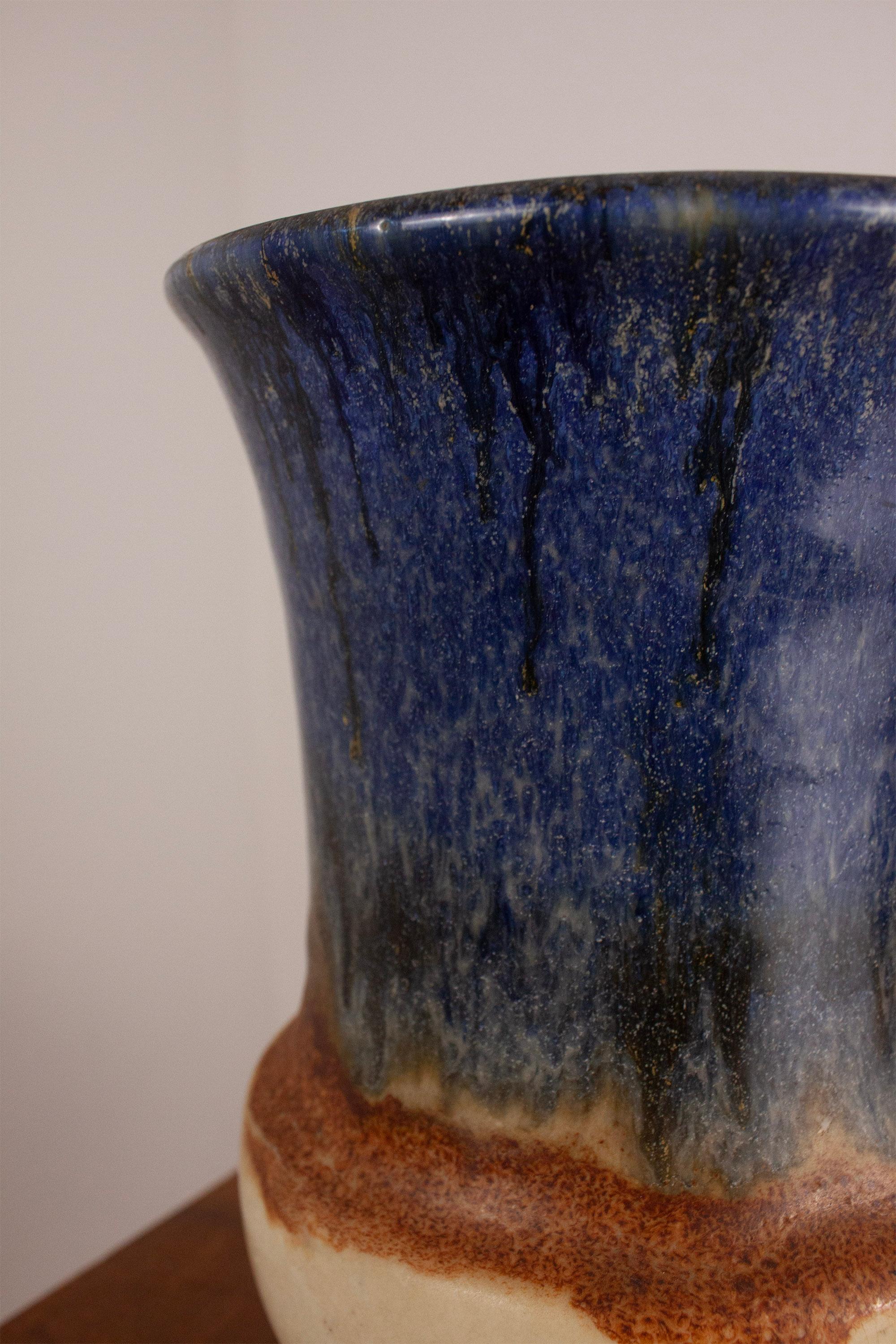 French Provincial Large Ceramic Vase with blue beige brown glaze For Sale 5