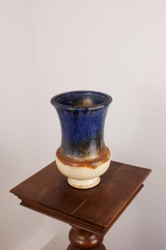 Grand vase en céramique de style provincial français avec glaçure bleue beige brune
