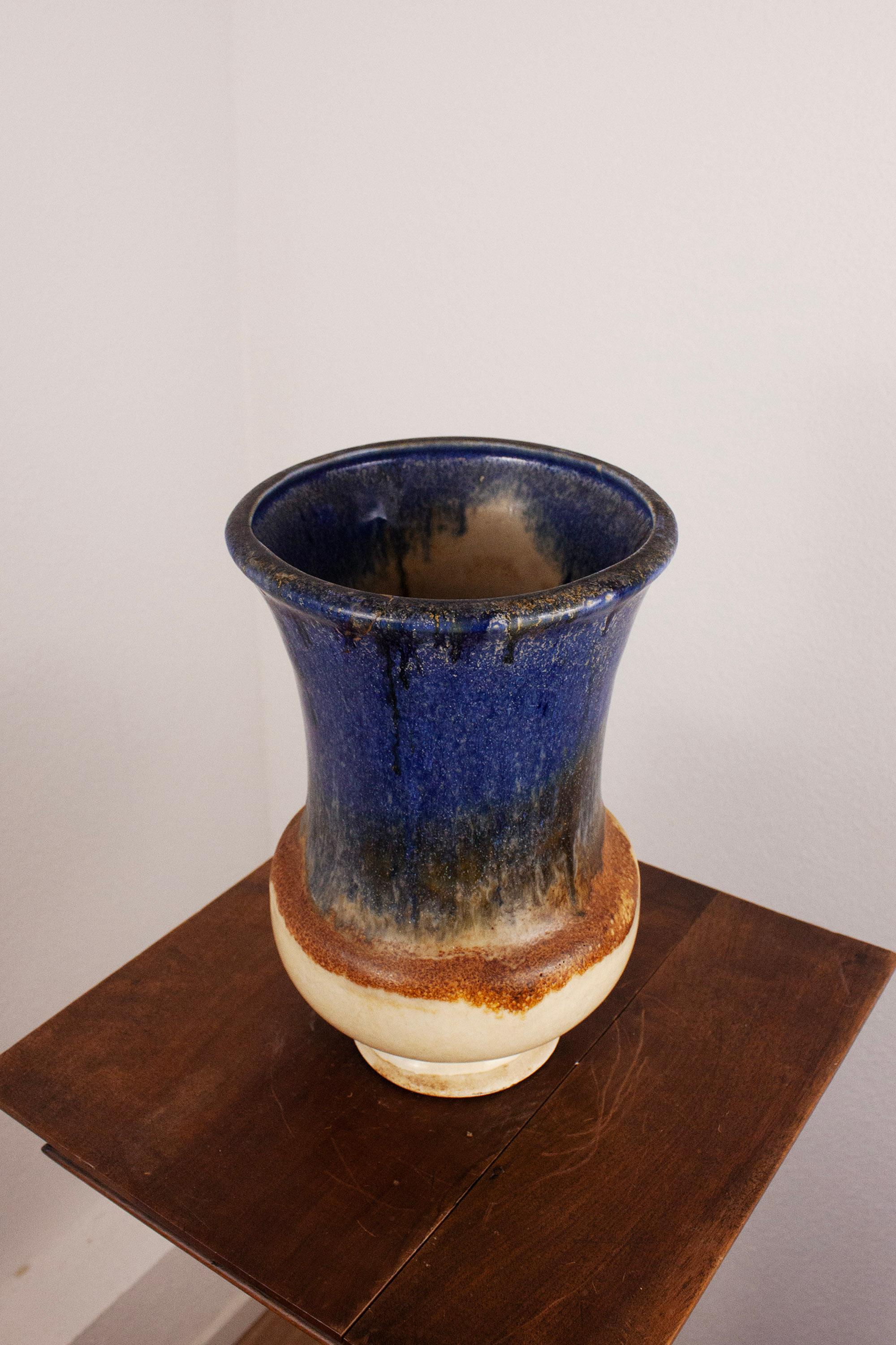 German French Provincial Large Ceramic Vase with blue beige brown glaze For Sale