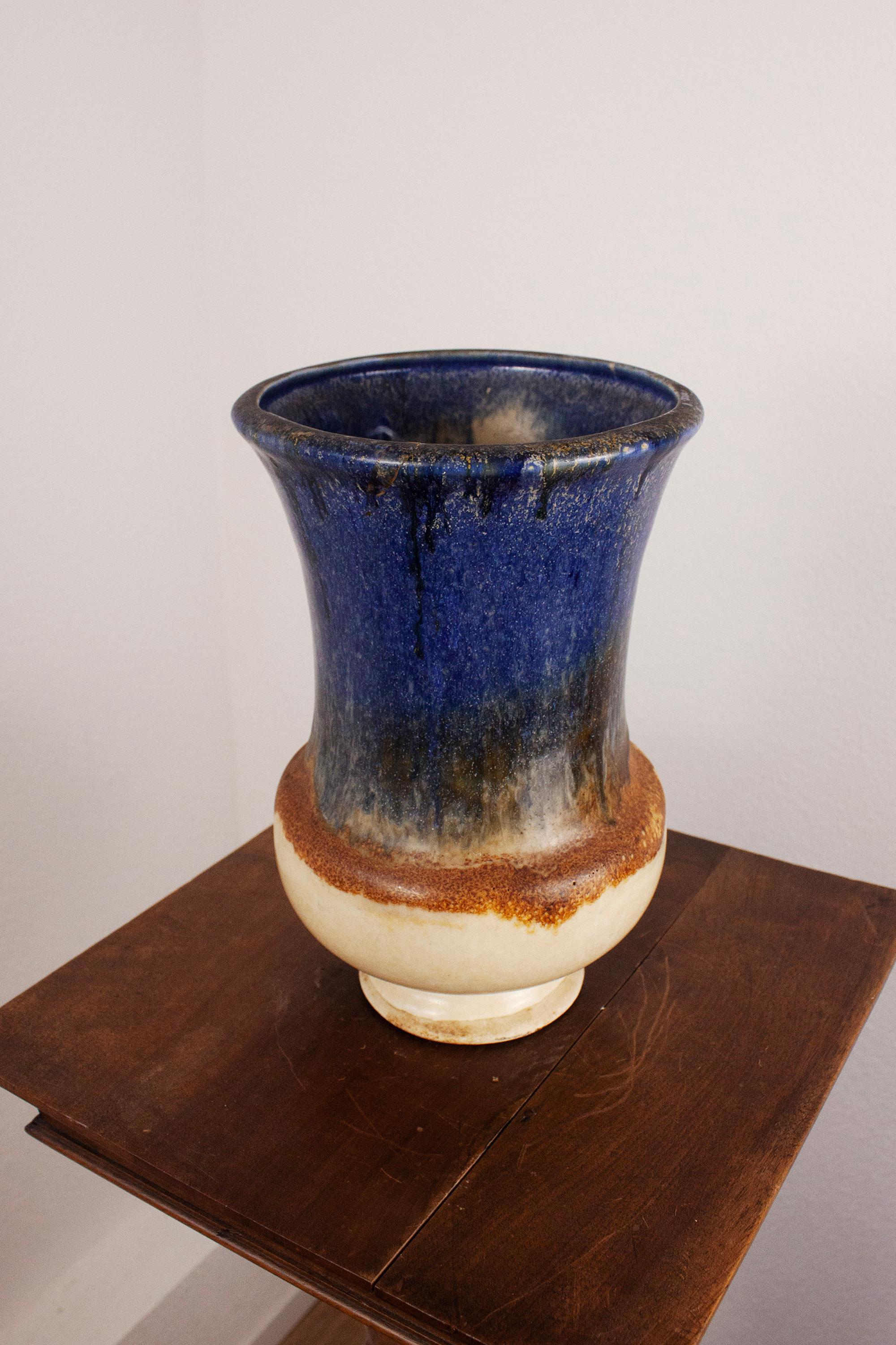 Hand-Crafted French Provincial Large Ceramic Vase with blue beige brown glaze For Sale