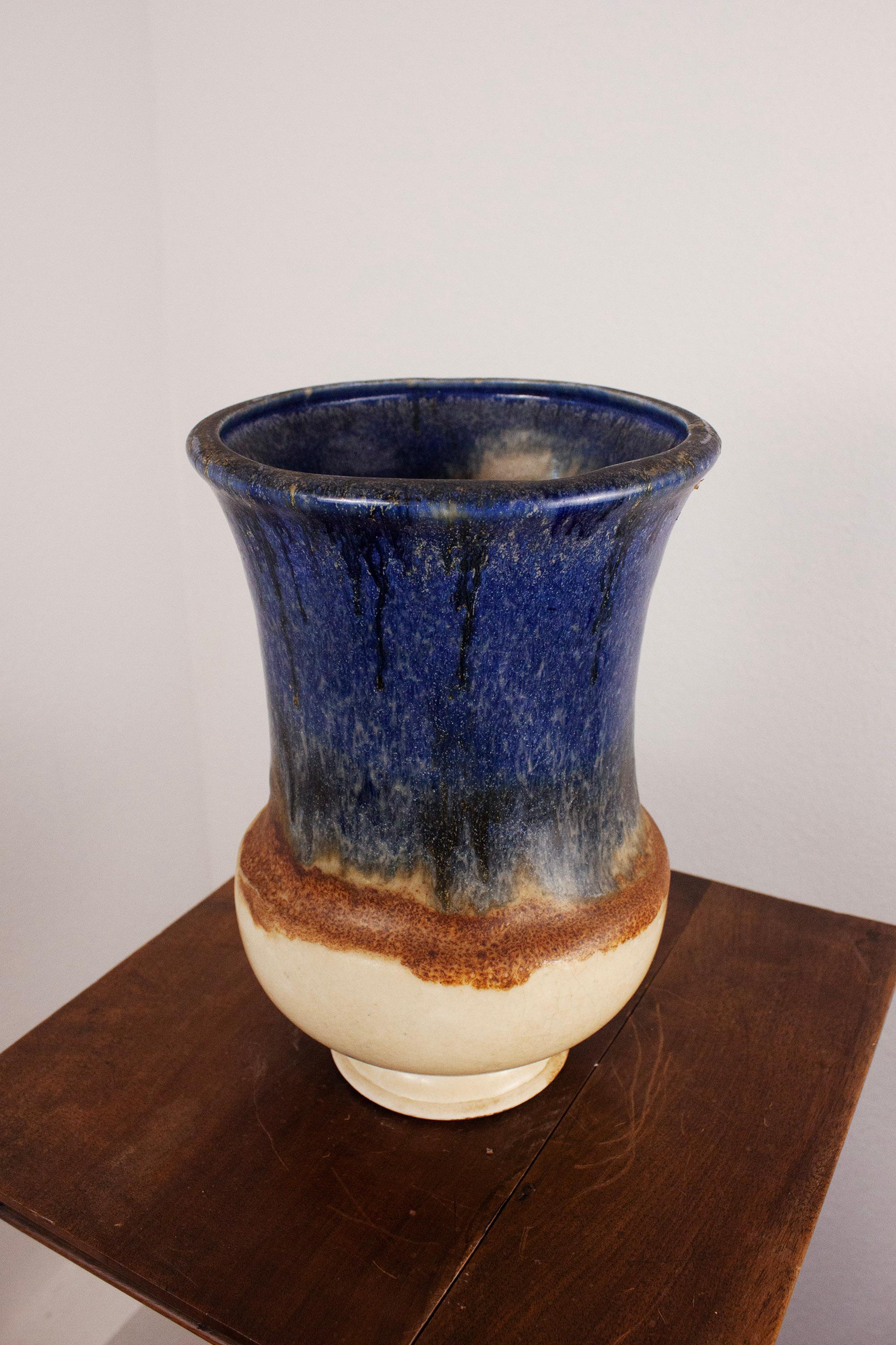 20th Century French Provincial Large Ceramic Vase with blue beige brown glaze For Sale