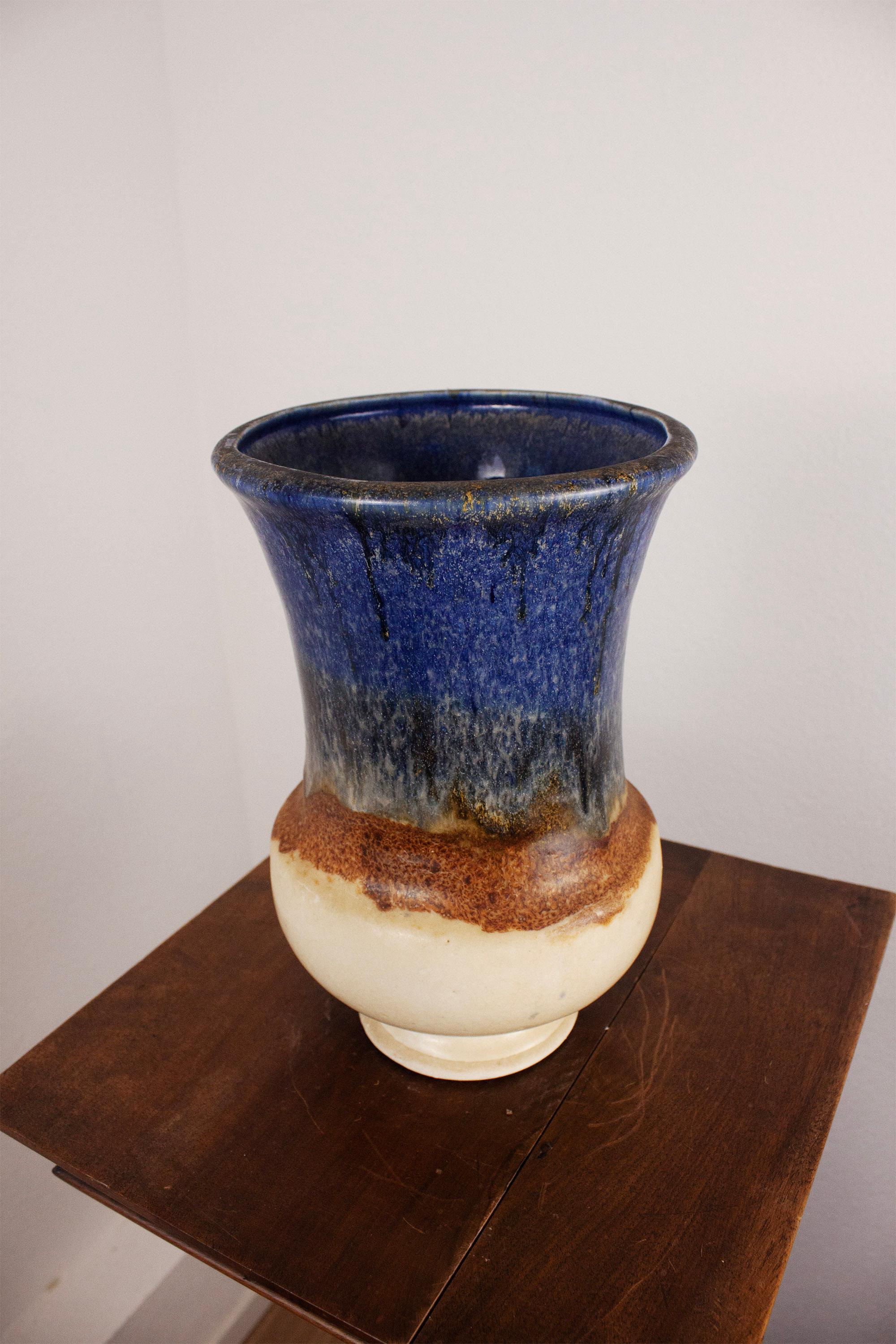 French Provincial Large Ceramic Vase with blue beige brown glaze For Sale 1