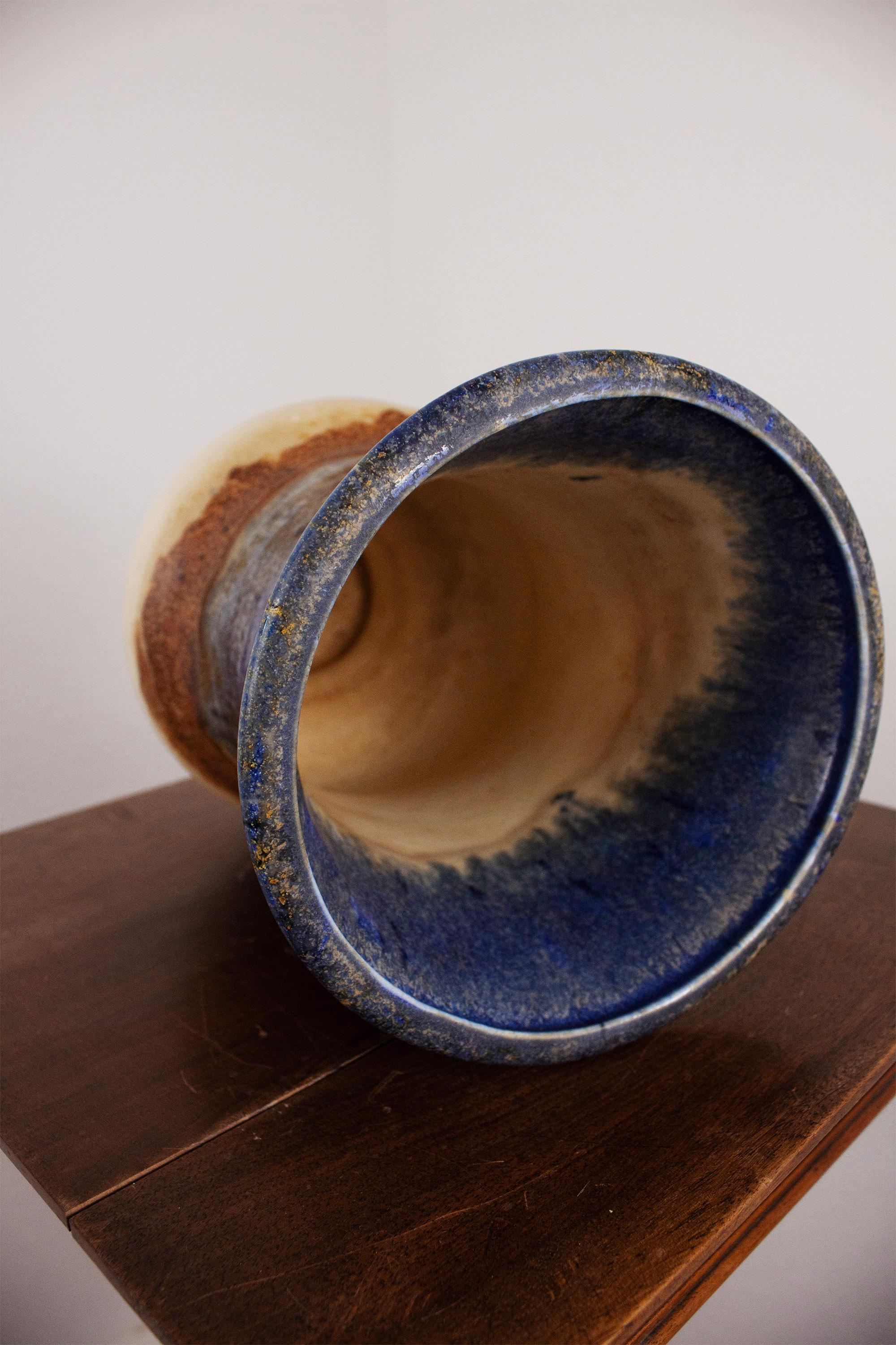 French Provincial Large Ceramic Vase with blue beige brown glaze For Sale 2