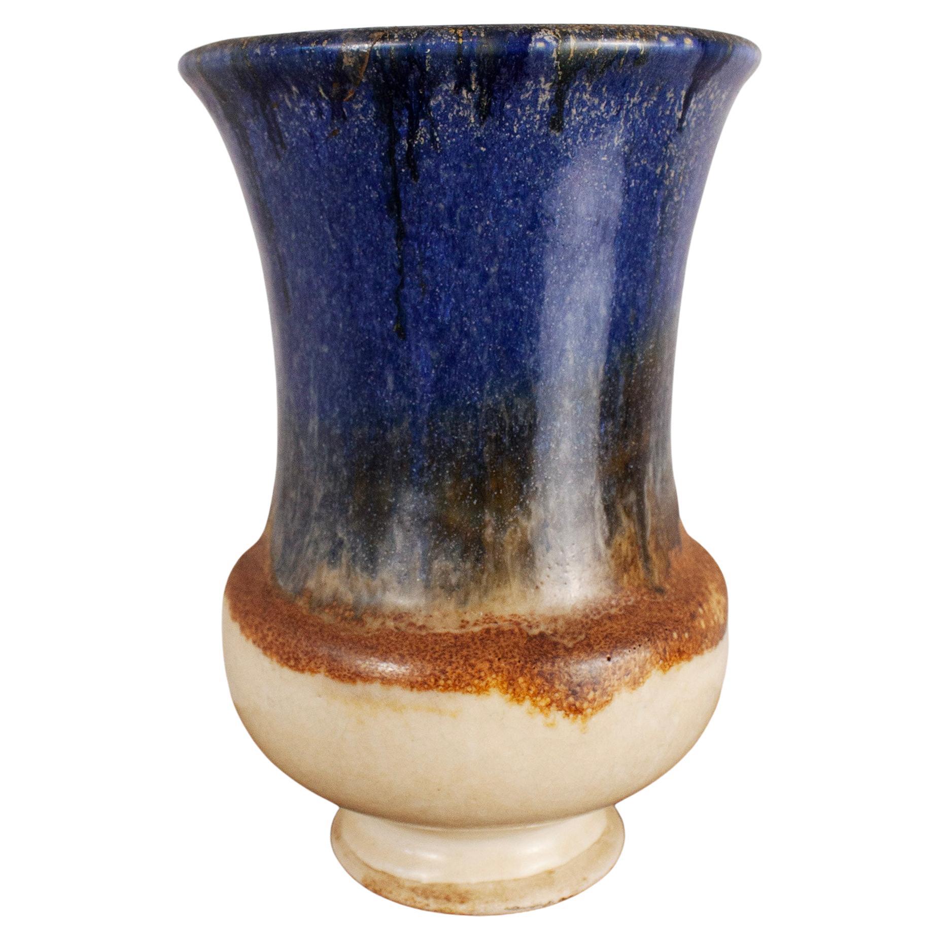 French Provincial Large Ceramic Vase with blue beige brown glaze For Sale