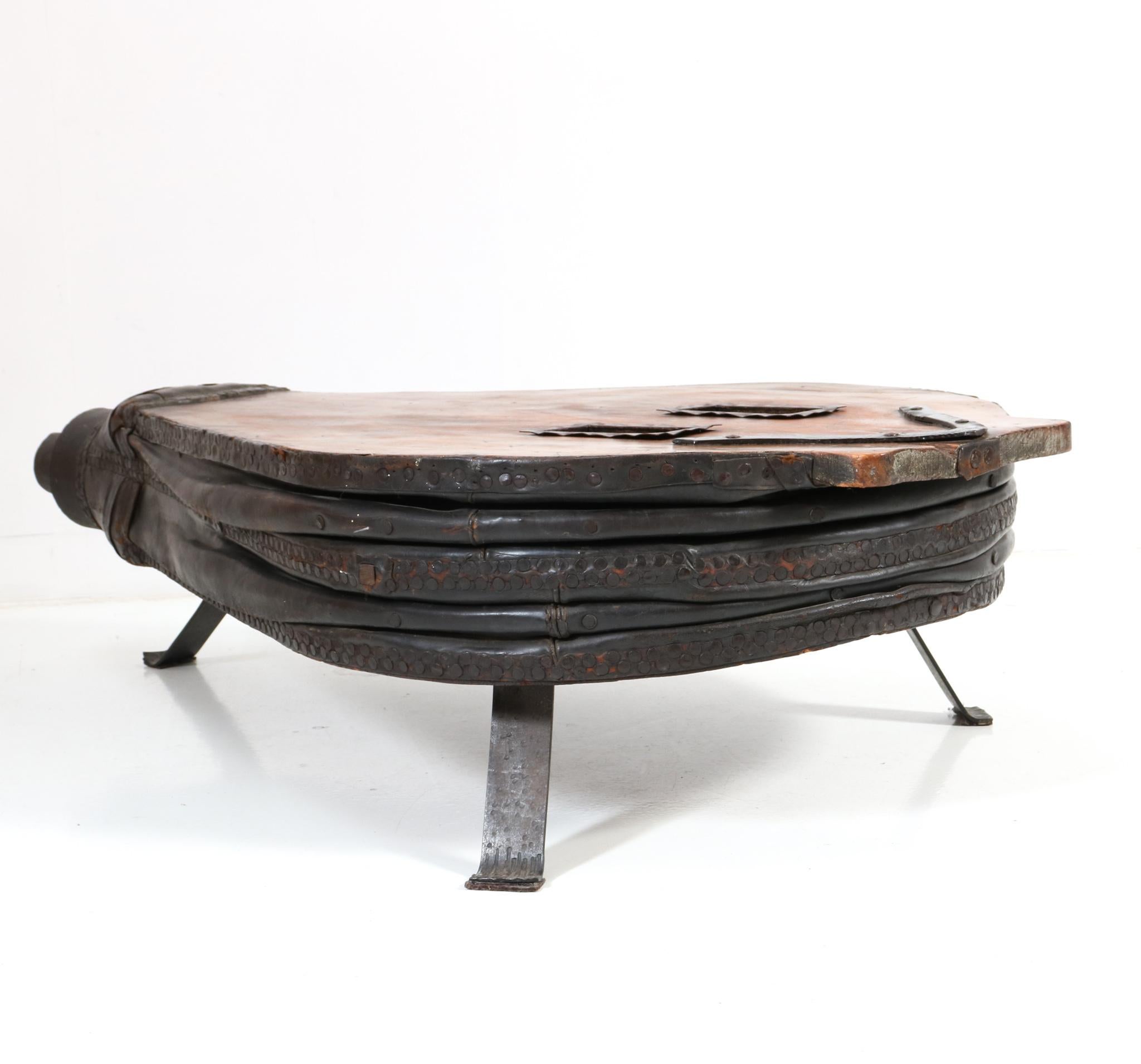 Leather  French Provincial Large Fruitwood Blacksmith Forge Bellows Coffee Table, 1860s For Sale
