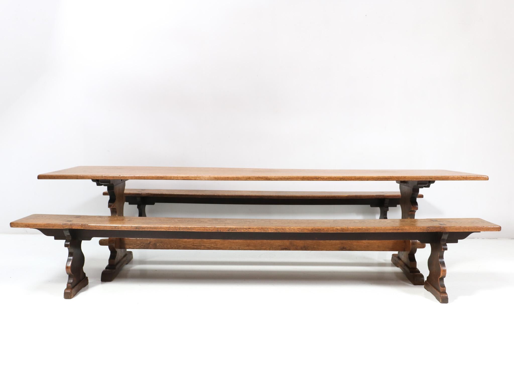 Early 20th Century French Provincial Large Oak Farm Table with Two Matching Benches, 1900s For Sale