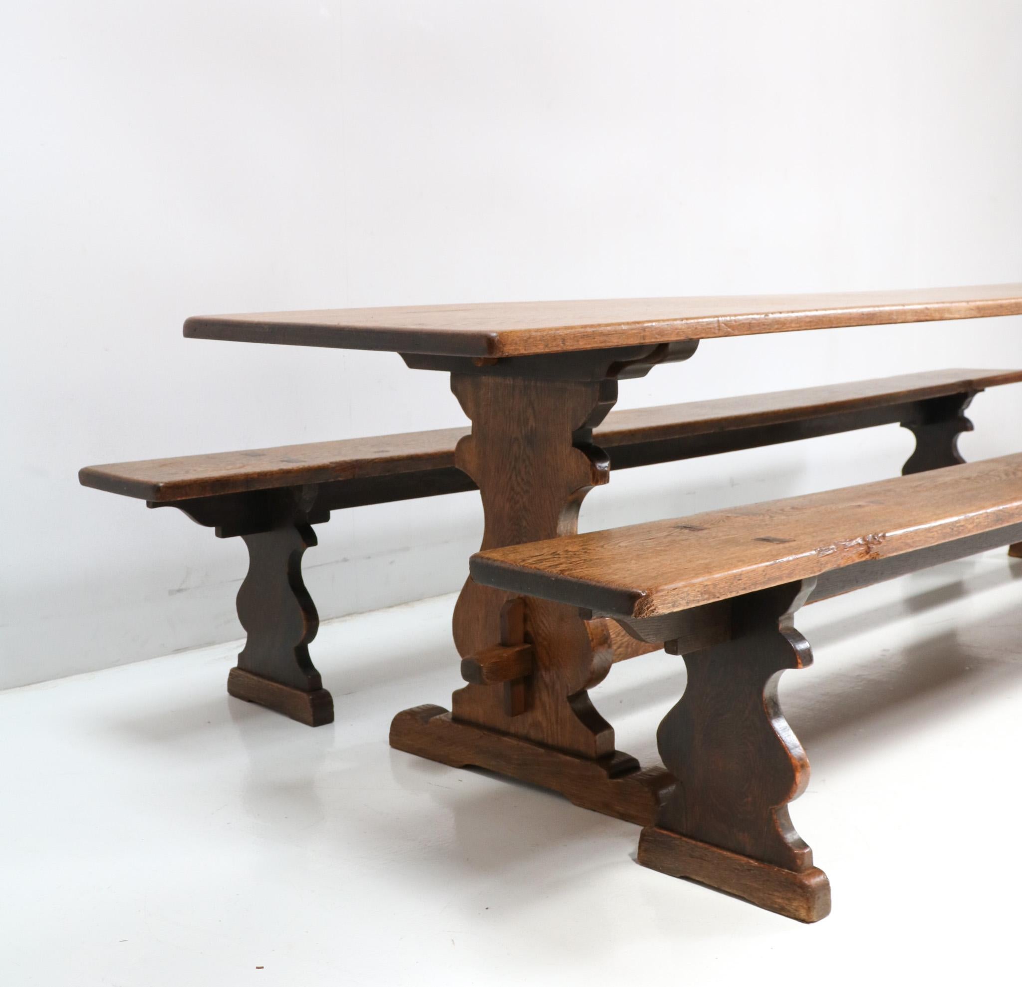 French Provincial Large Oak Farm Table with Two Matching Benches, 1900s For Sale 4
