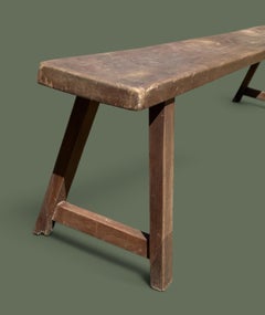 French Provincial Long Bench, Bleached Oak, Trestle Legs, 1950s