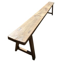 French Provincial Long Bench, Bleached Oak, Trestle Legs, 1950s