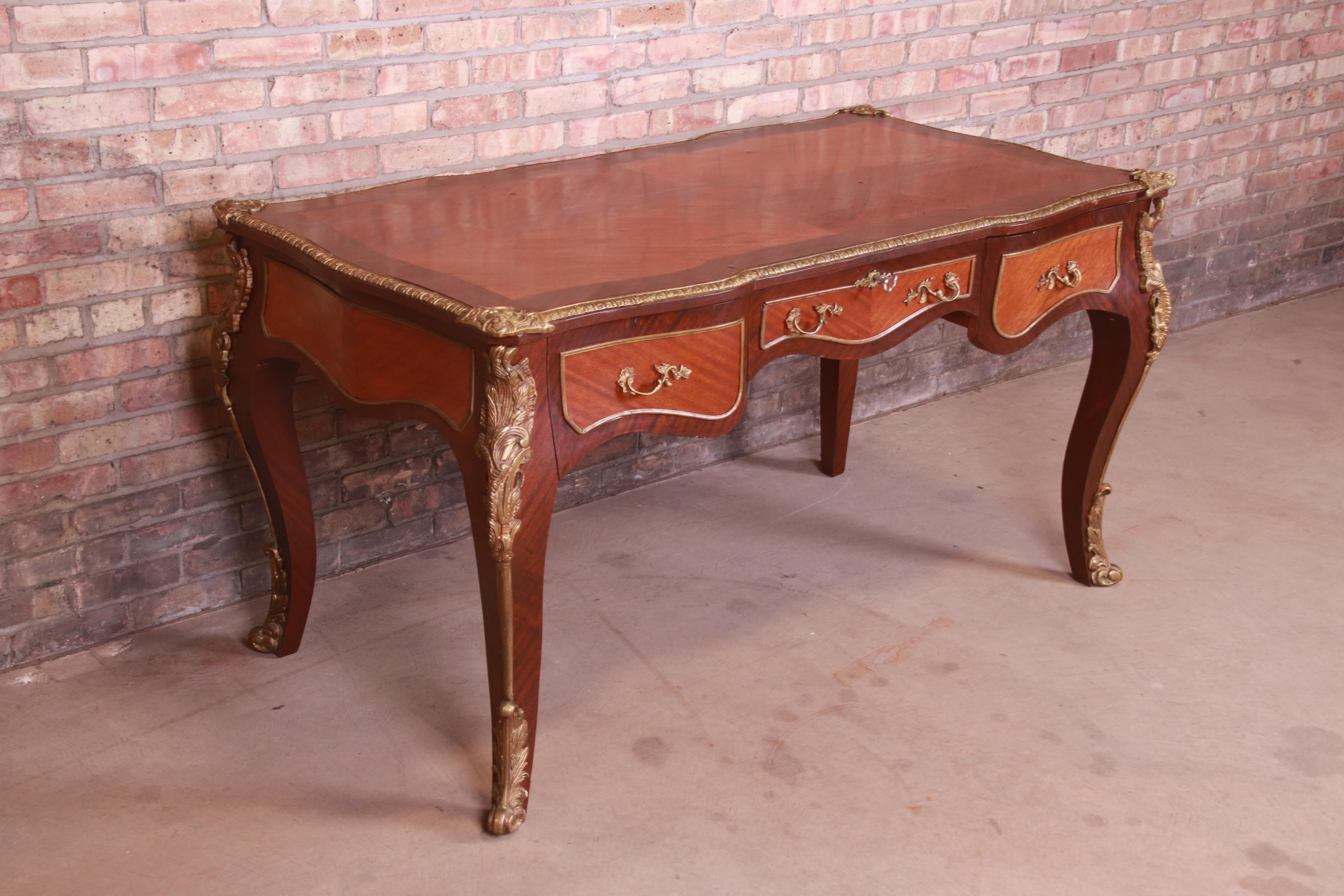 Brass French Provincial Louis XV Bureau Plat Desk with Mounted Ormolu