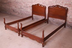 French Provincial Louis XV Carved Cherrywood Twin Beds, Pair