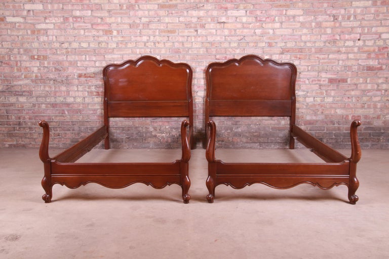 French Provincial Louis XV Carved Cherrywood Twin Beds, Pair at 1stDibs