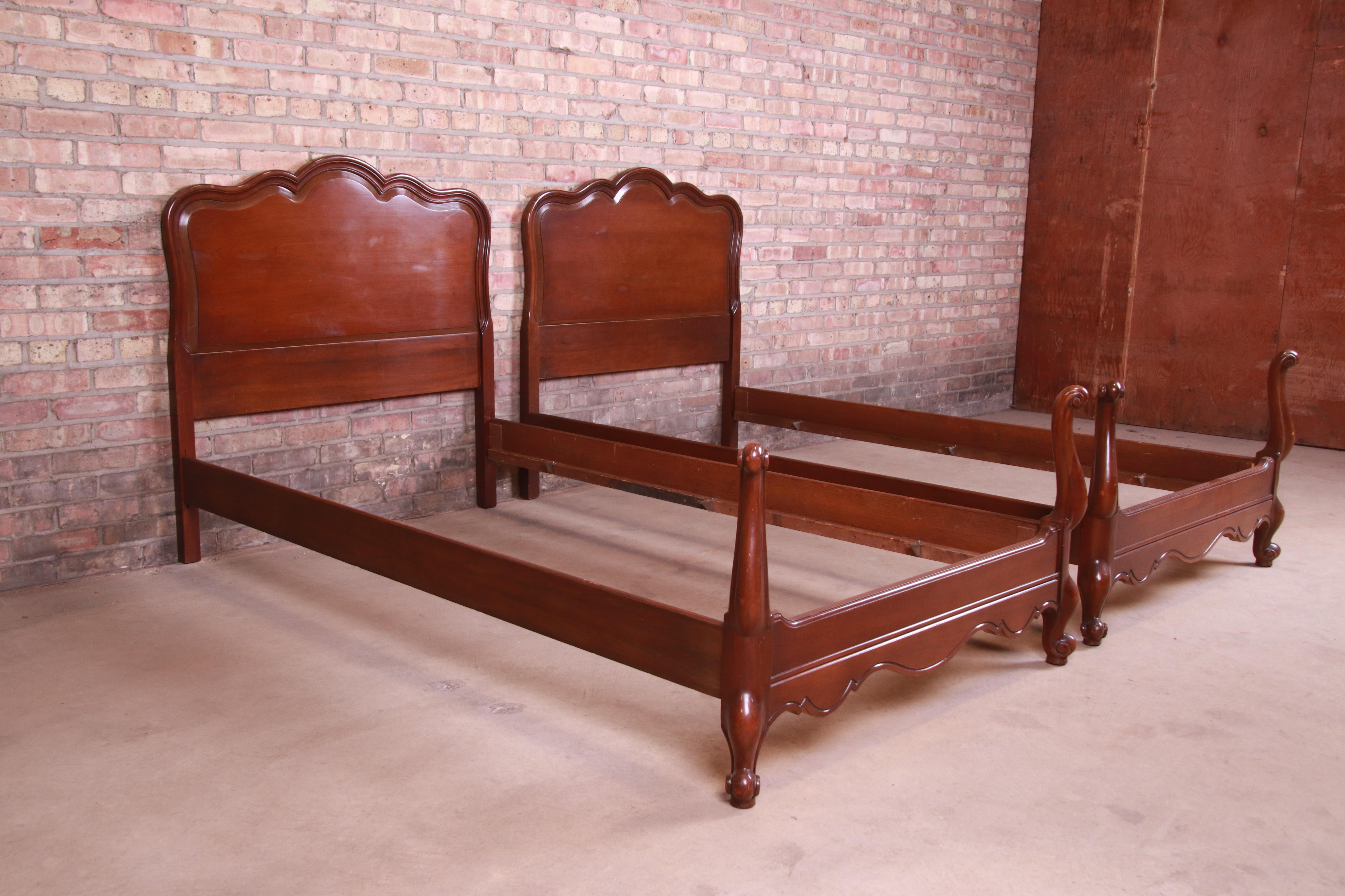 American French Provincial Louis XV Carved Cherrywood Twin Beds, Pair