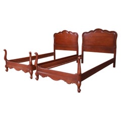 French Provincial Louis XV Carved Cherrywood Twin Beds, Pair