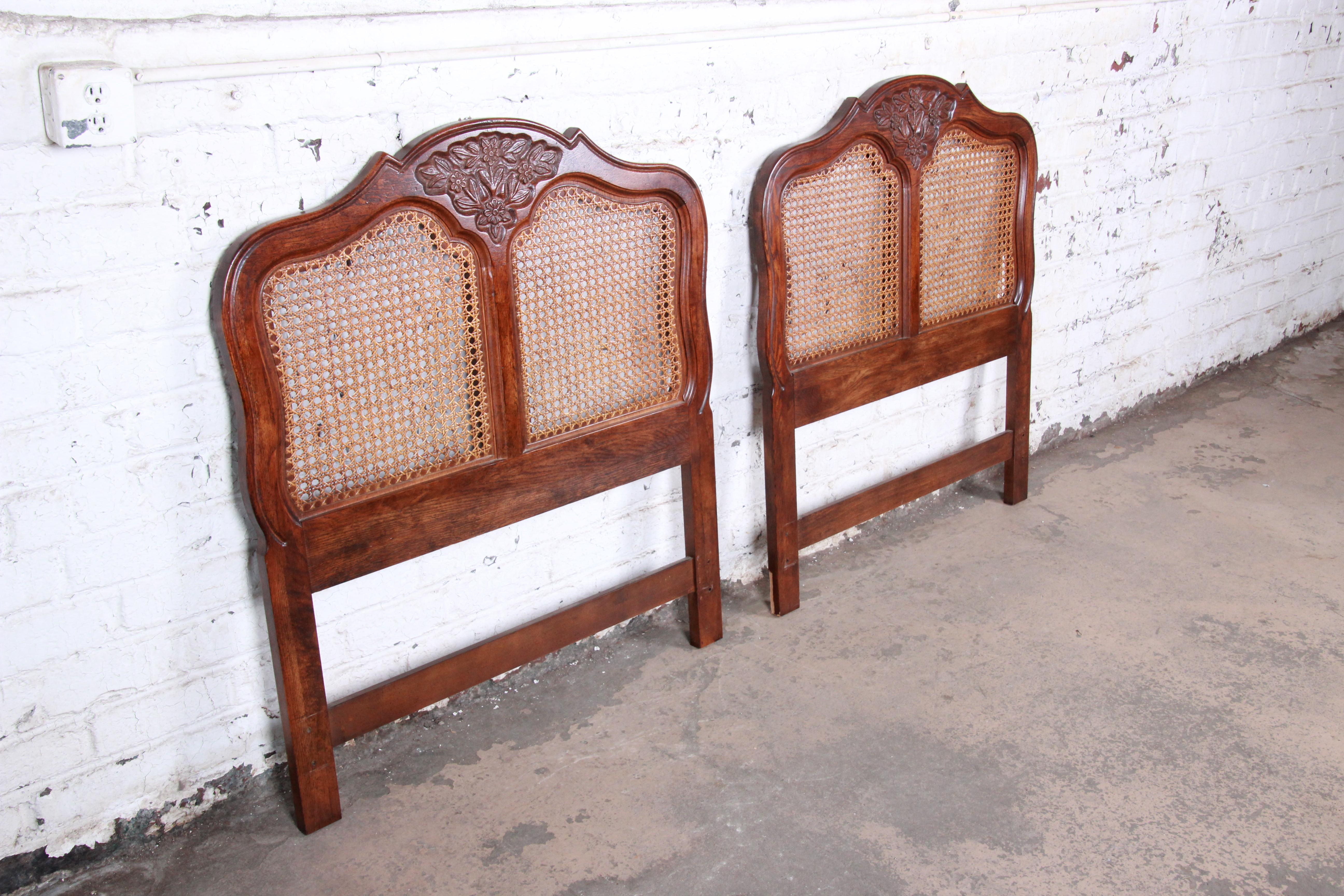 American French Provincial Louis XV Carved Oak and Cane Twin Headboards by Hickory, Pair