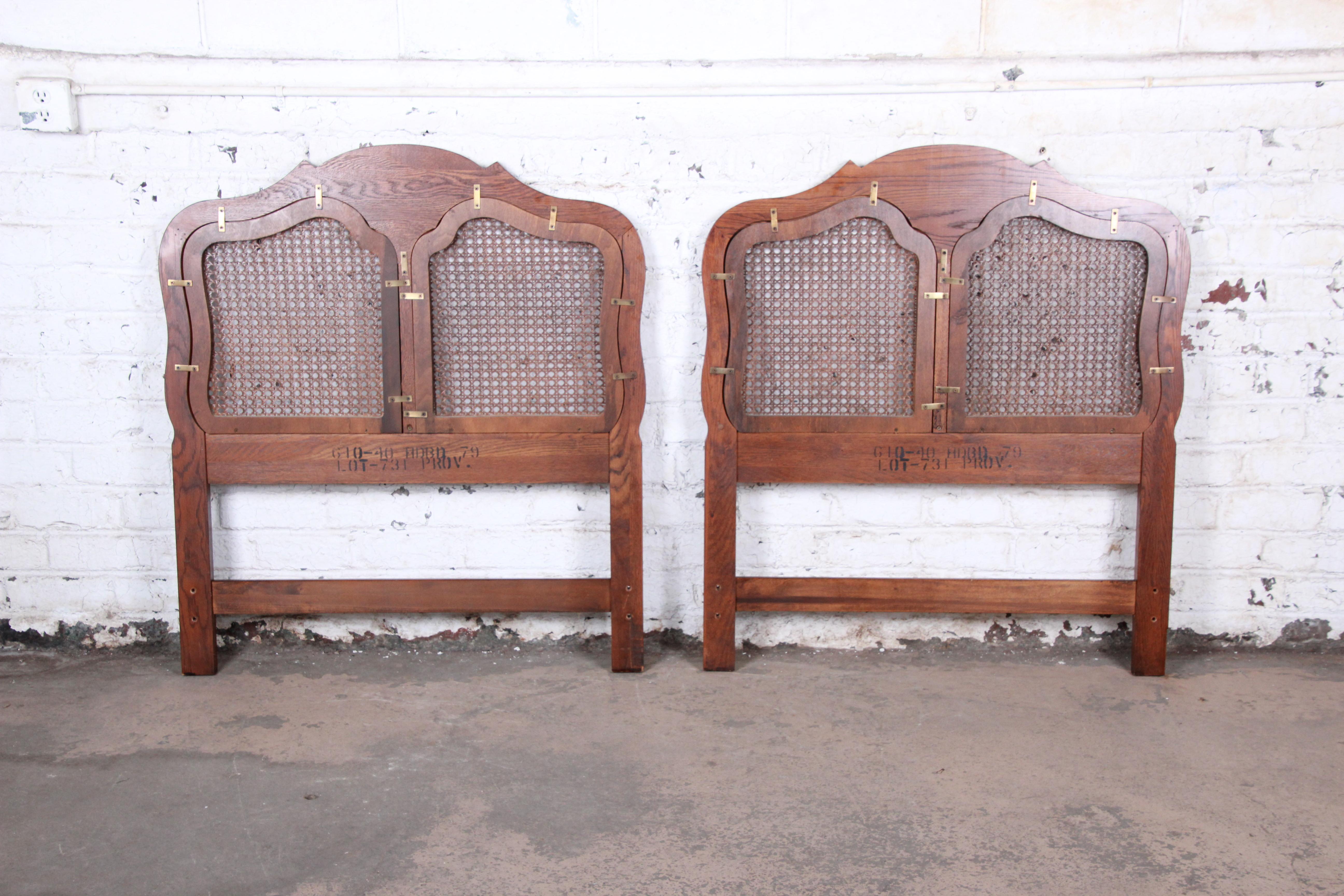 French Provincial Louis XV Carved Oak and Cane Twin Headboards by Hickory, Pair 1
