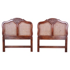 Retro French Provincial Louis XV Carved Oak and Cane Twin Headboards by Hickory, Pair
