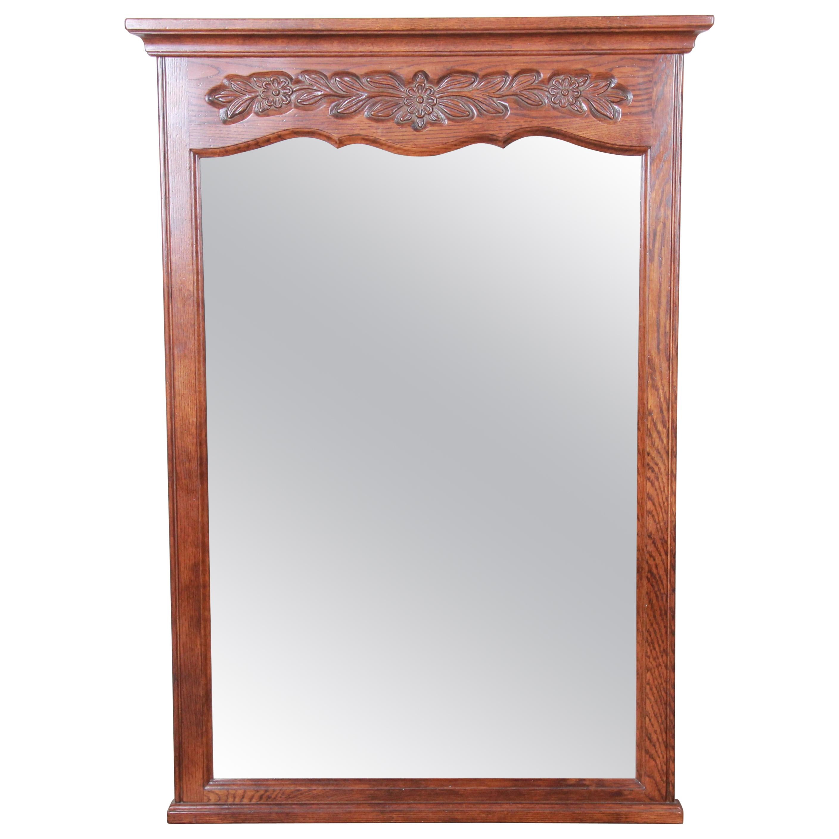 French Provincial Louis XV Carved Oak Framed Wall Mirror by Hickory For Sale