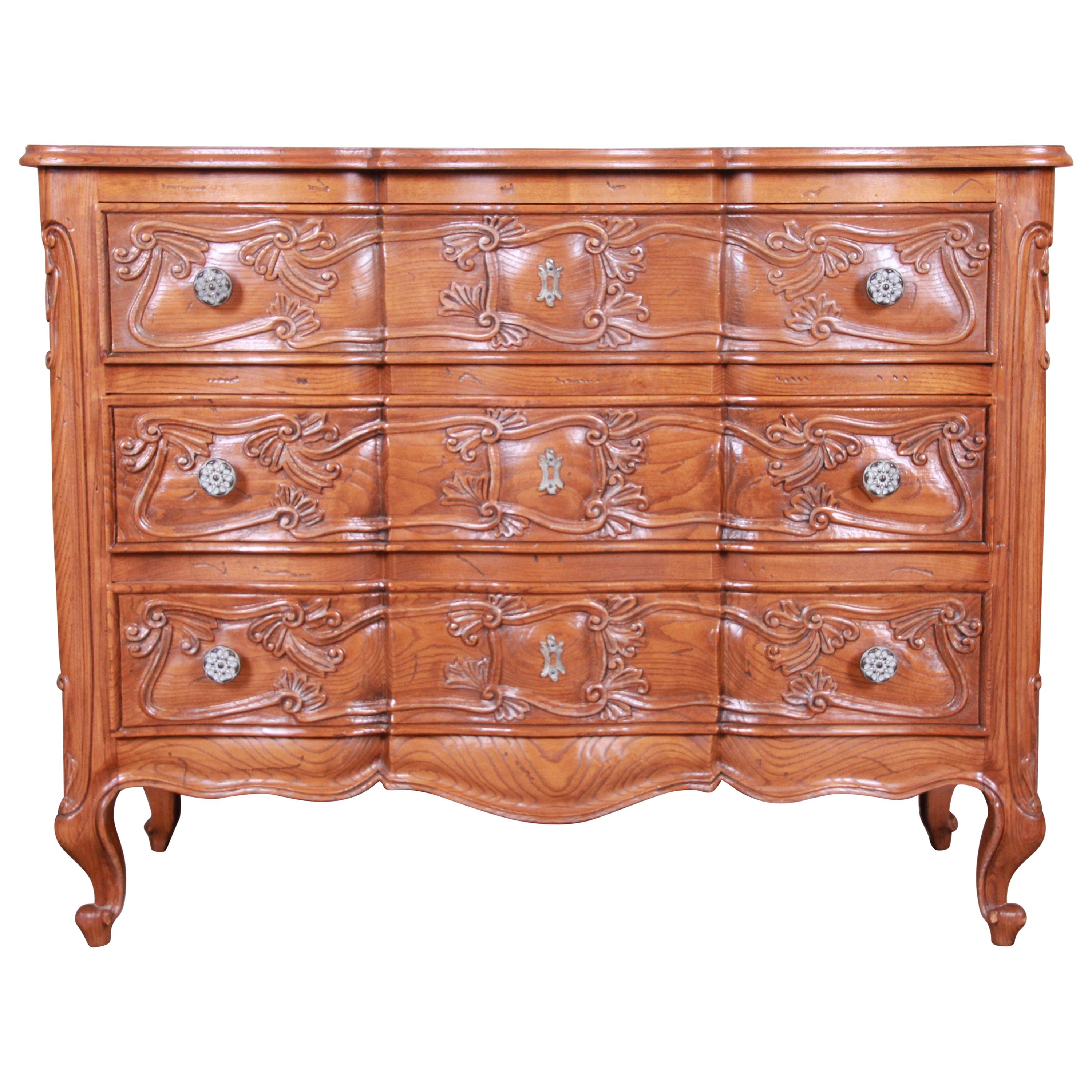 French Provincial Louis XV Carved Oak Three-Drawer Commode or Bachelor Chest