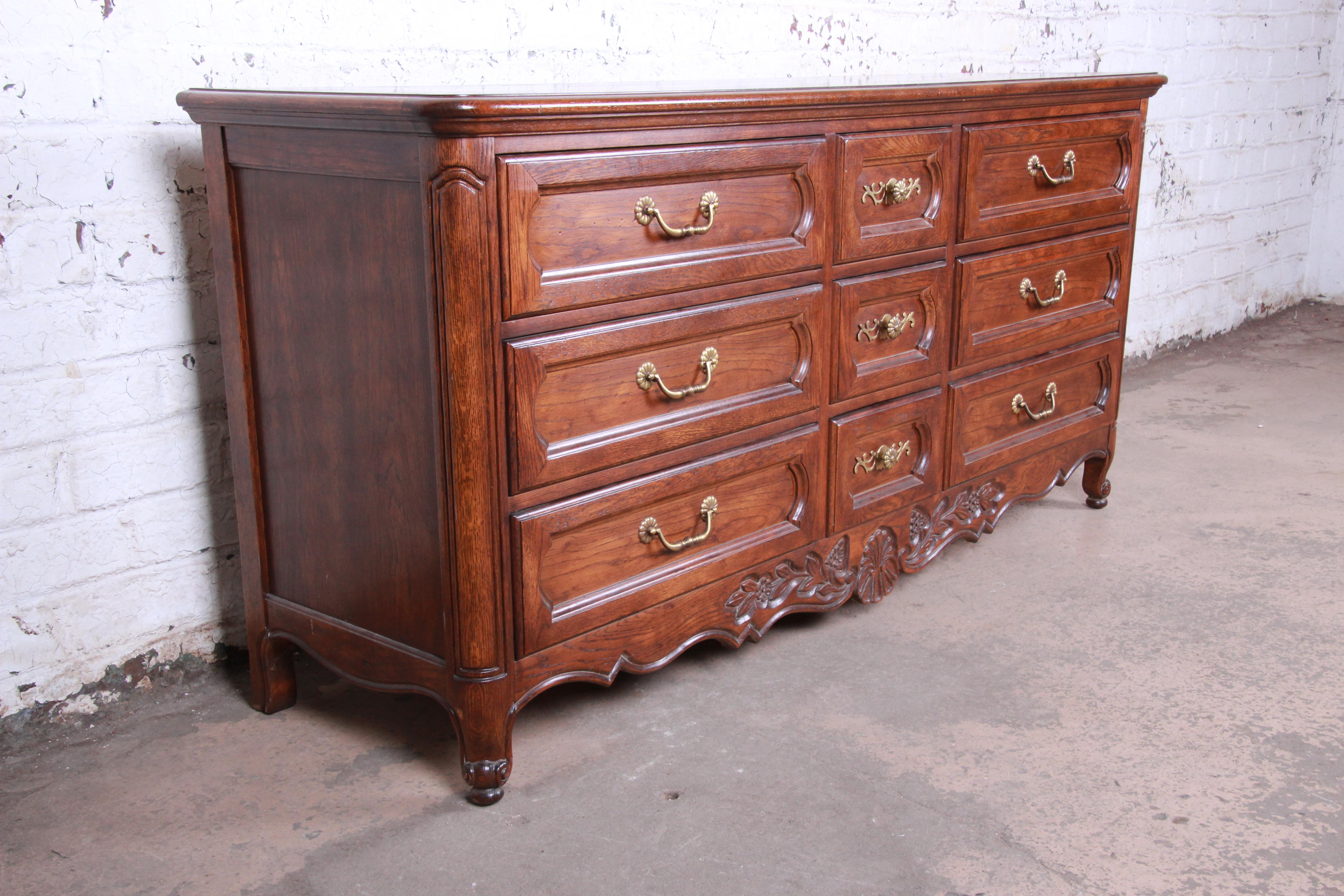American French Provincial Louis XV Carved Oak Triple Dresser or Credenza by Hickory
