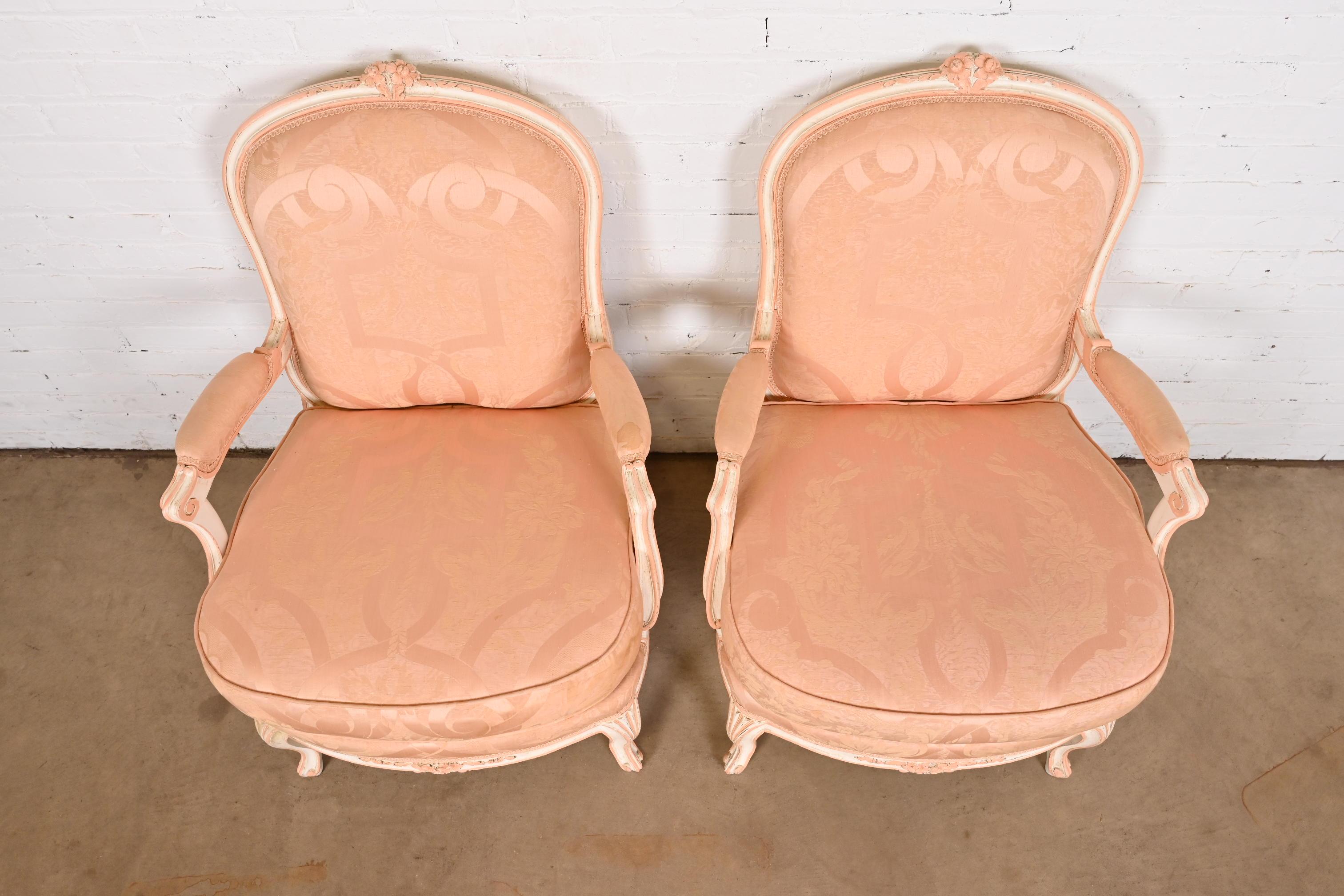 French Provincial Louis XV Carved Painted Walnut Fauteuils, Pair For Sale 4