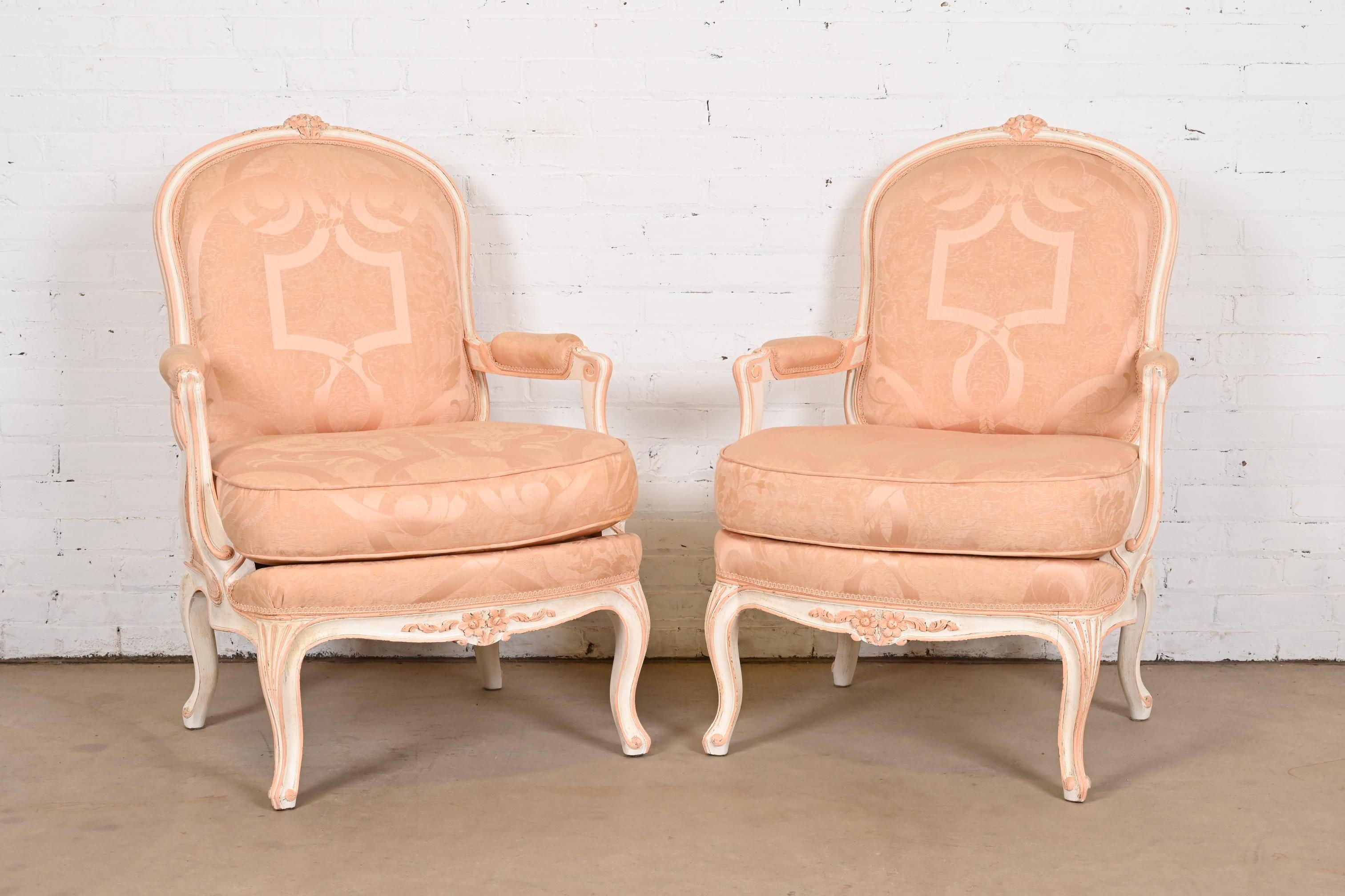 American French Provincial Louis XV Carved Painted Walnut Fauteuils, Pair For Sale