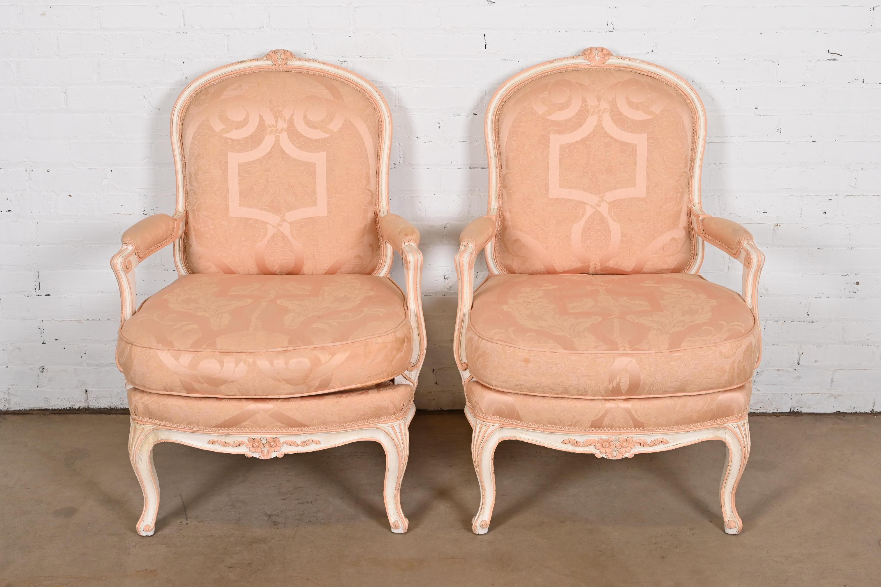 French Provincial Louis XV Carved Painted Walnut Fauteuils, Pair In Good Condition For Sale In South Bend, IN