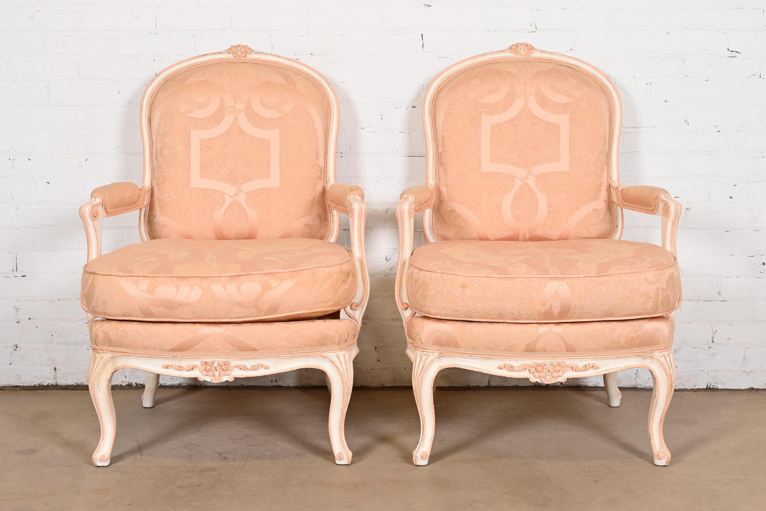 20th Century French Provincial Louis XV Carved Painted Walnut Fauteuils, Pair For Sale