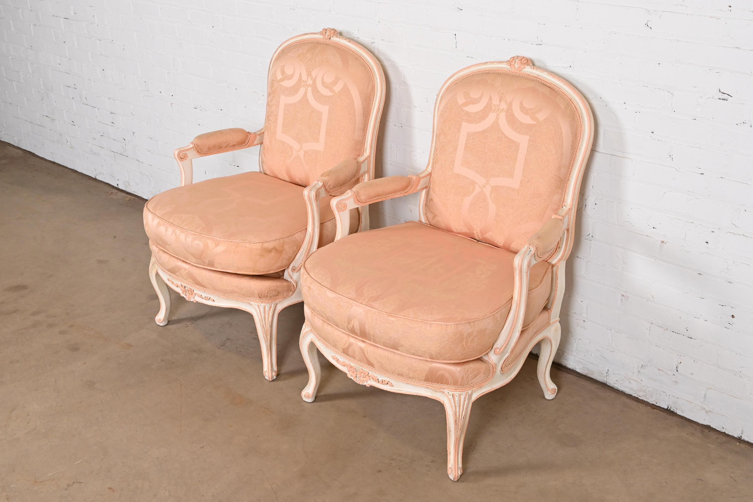 Upholstery French Provincial Louis XV Carved Painted Walnut Fauteuils, Pair For Sale