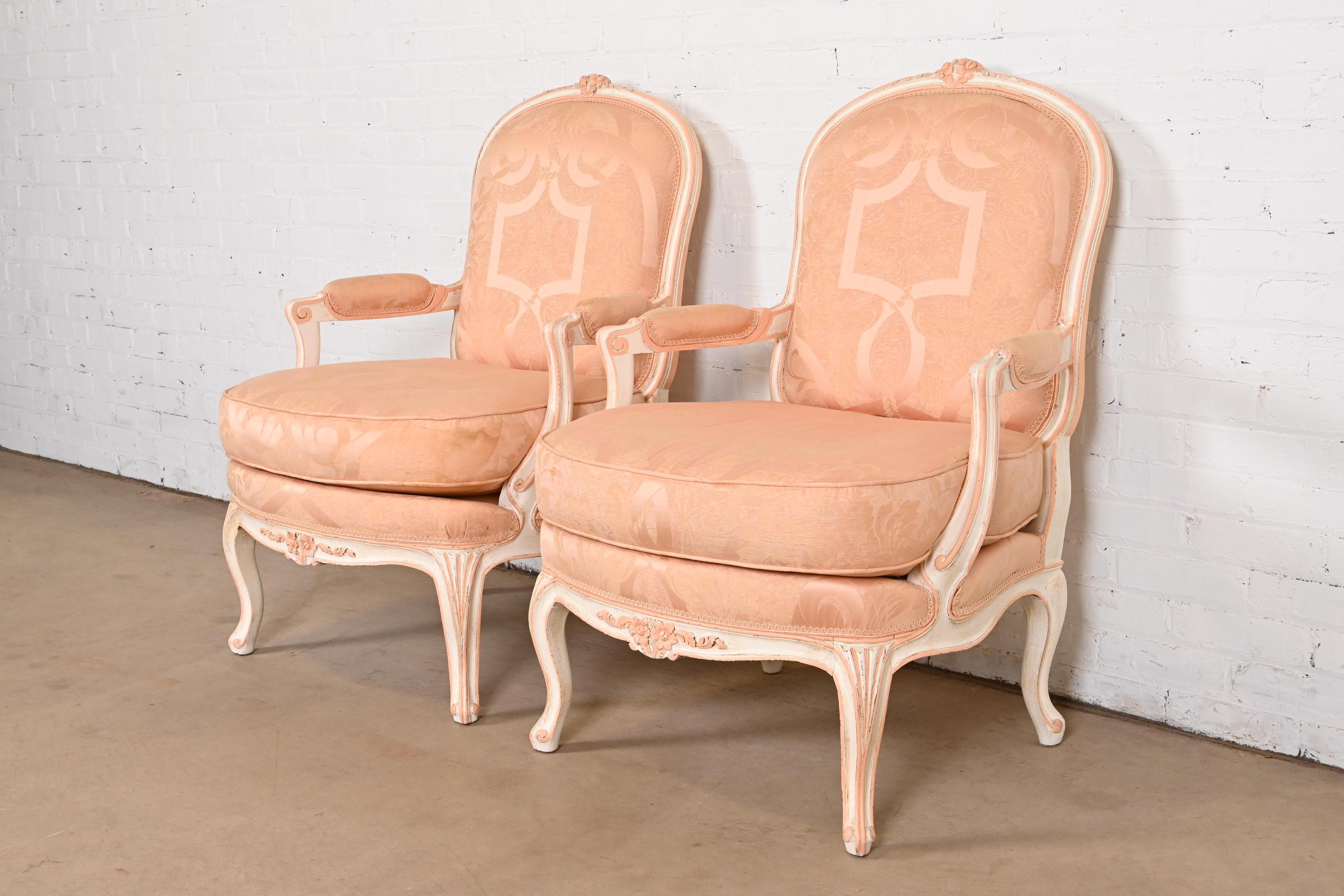 French Provincial Louis XV Carved Painted Walnut Fauteuils, Pair For Sale 1
