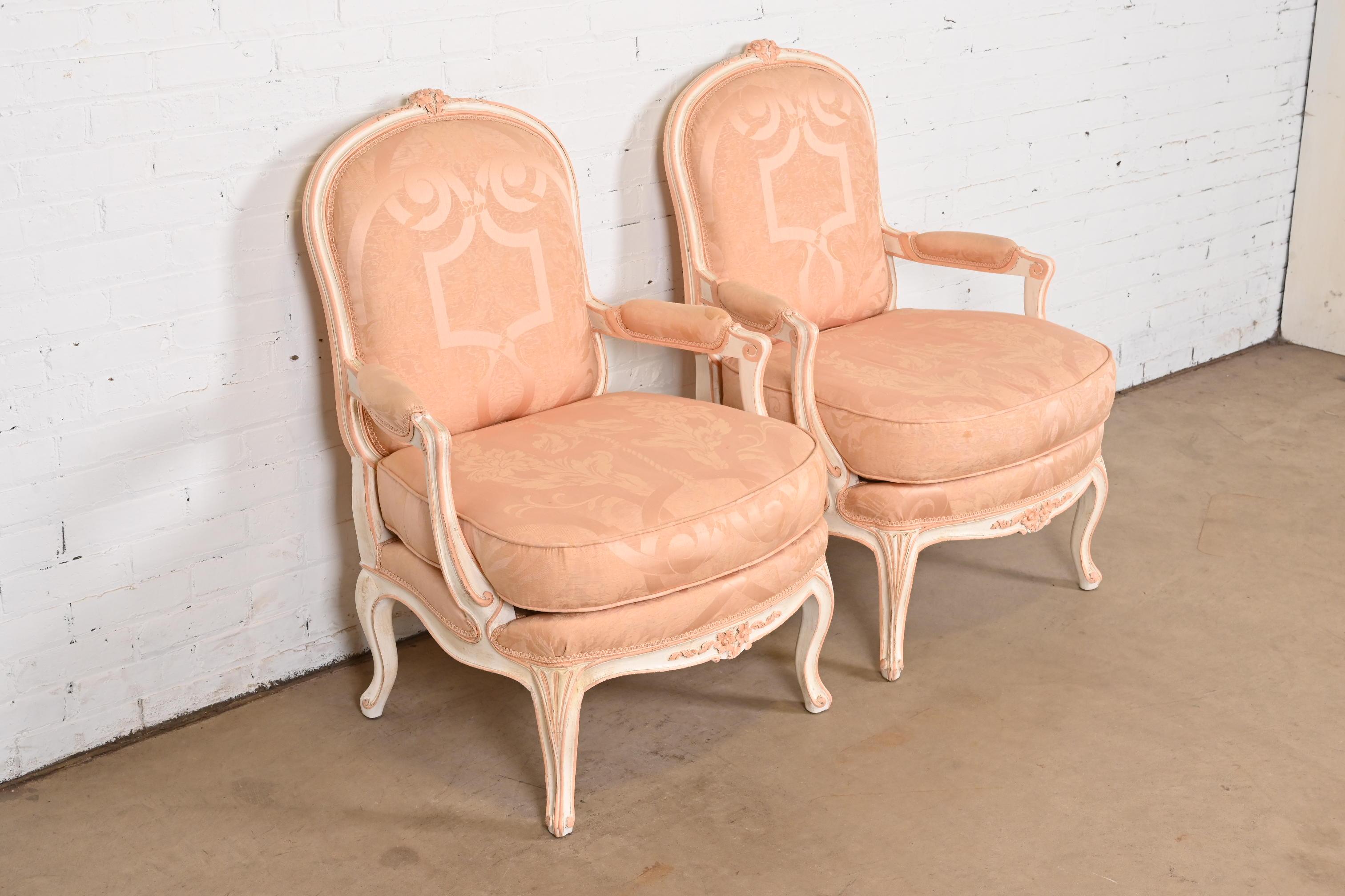 French Provincial Louis XV Carved Painted Walnut Fauteuils, Pair For Sale 2