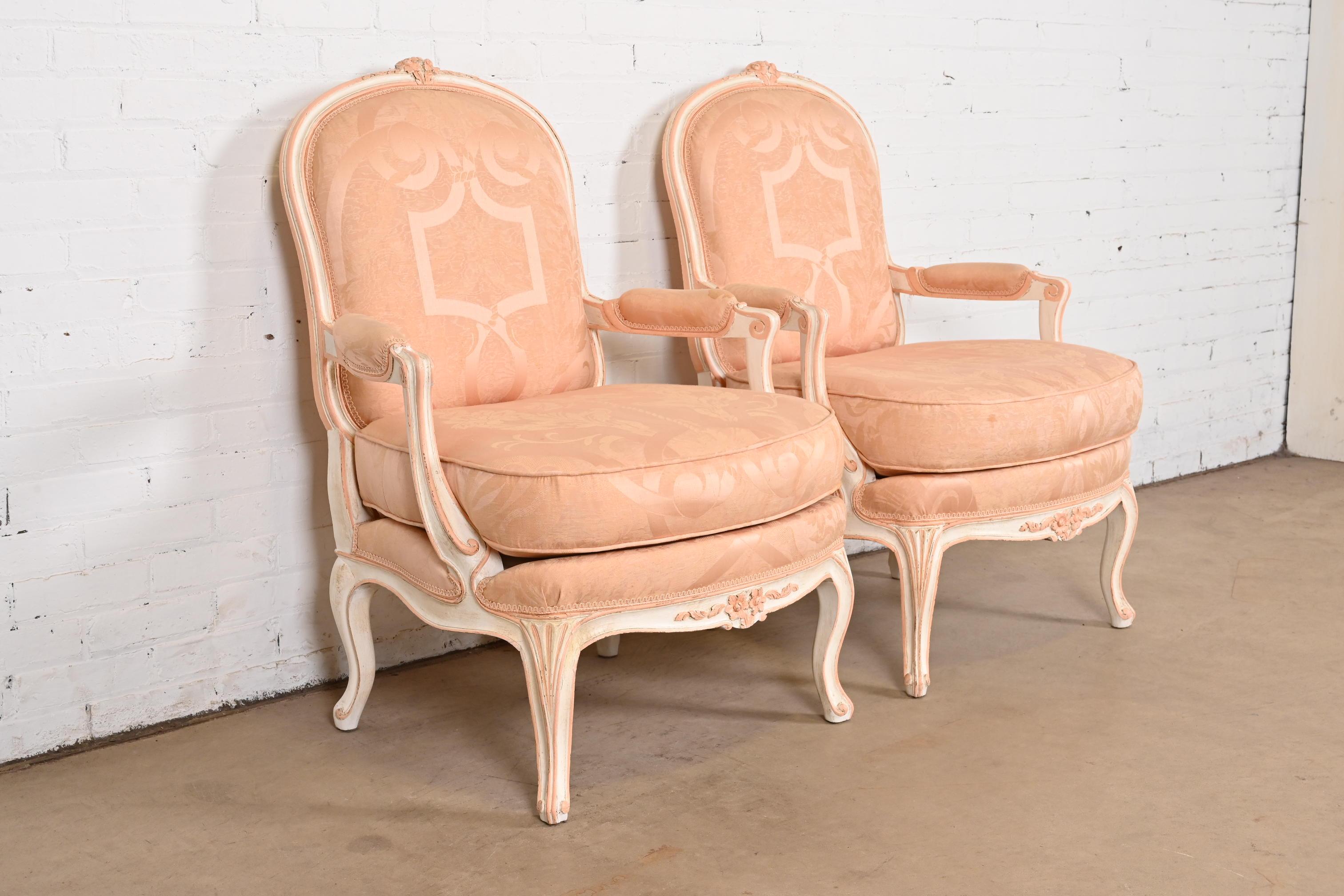 French Provincial Louis XV Carved Painted Walnut Fauteuils, Pair For Sale 3