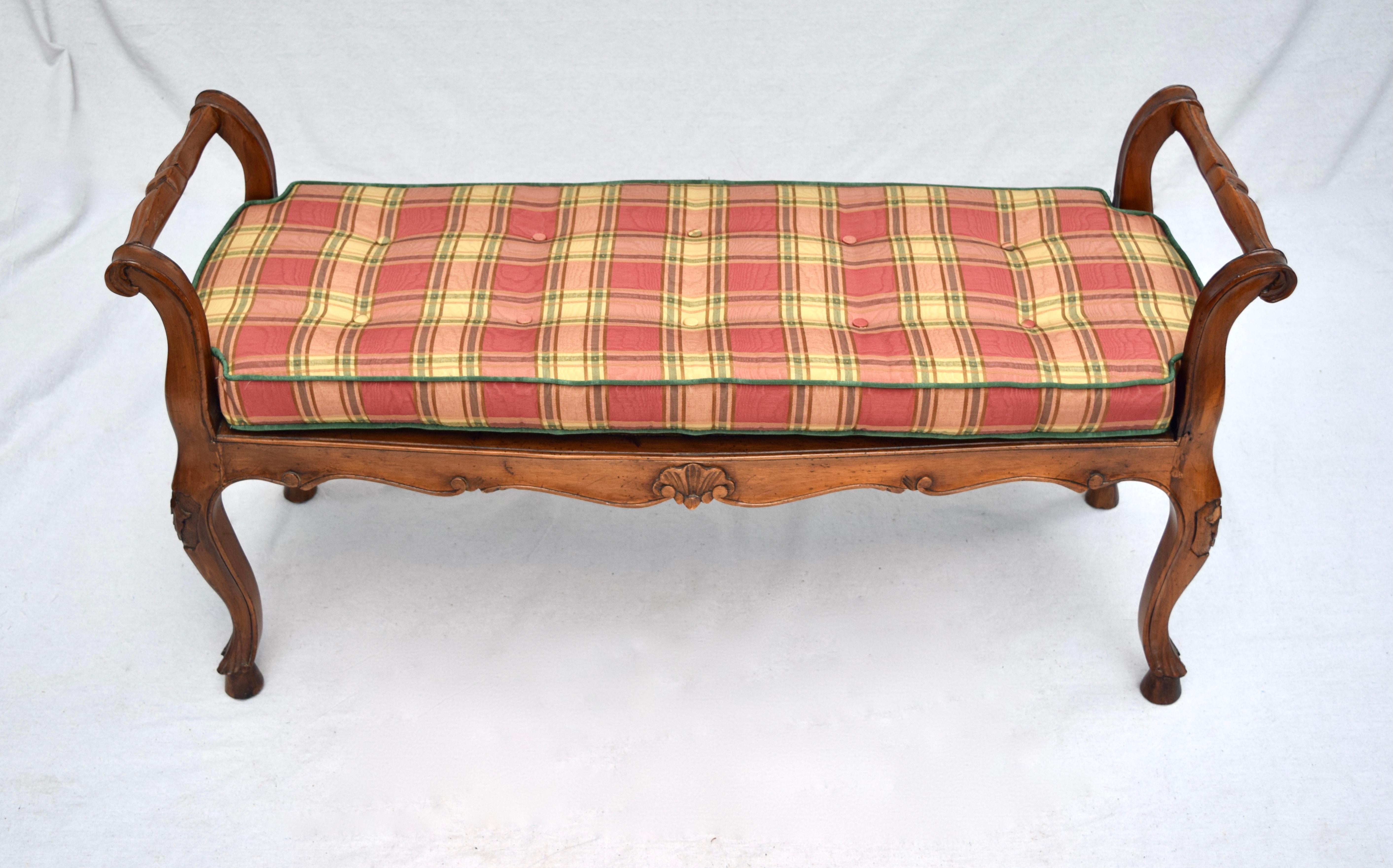 French Provincial Louis XV style caned window bench with decorative carvings & new custom & tufted cushion upholstered in vibrant Salmon plaid & bright green Moire fabrics. Versatile mid size suitable for various settings Seat : 17