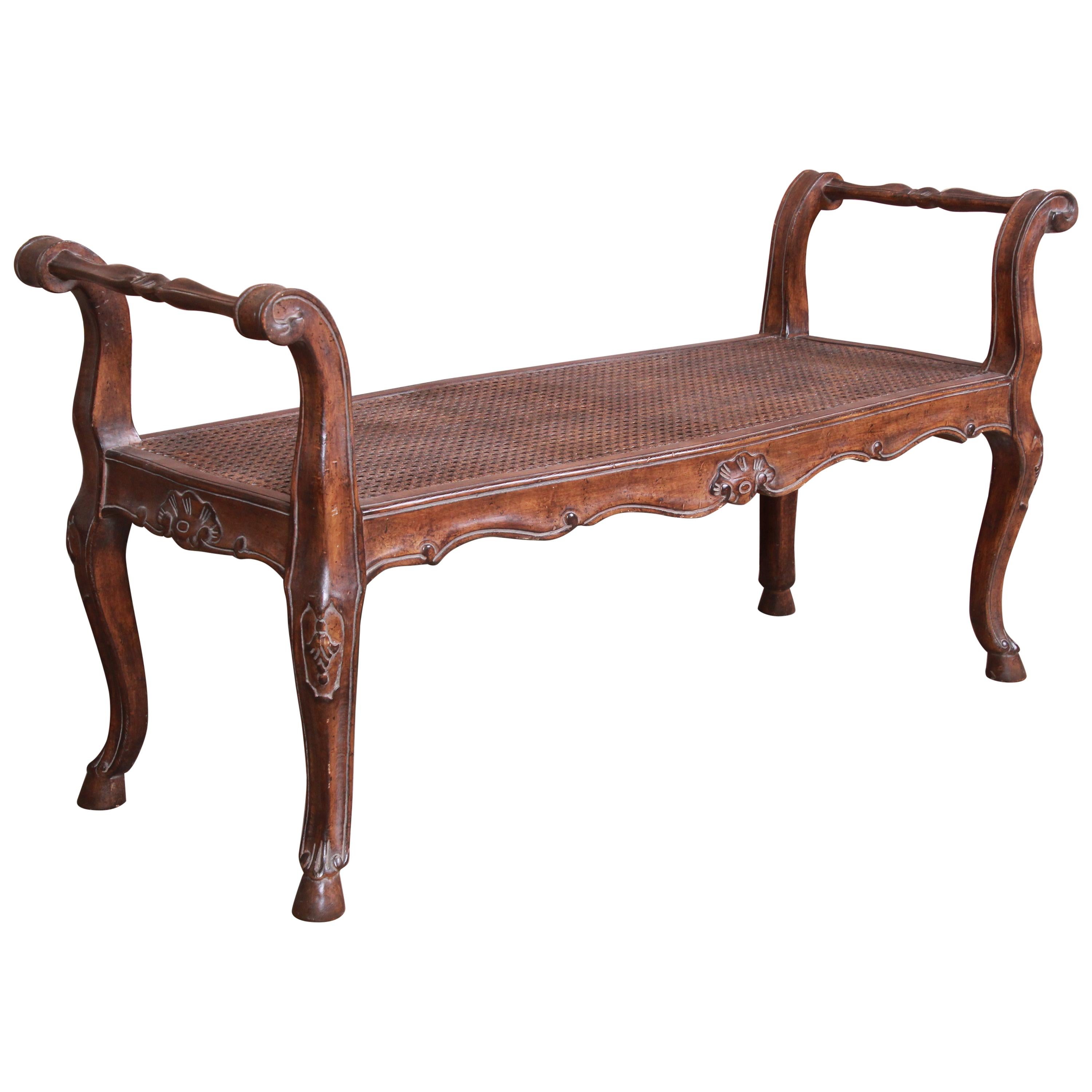 French Provincial Louis XV Carved Walnut and Cane Window Bench