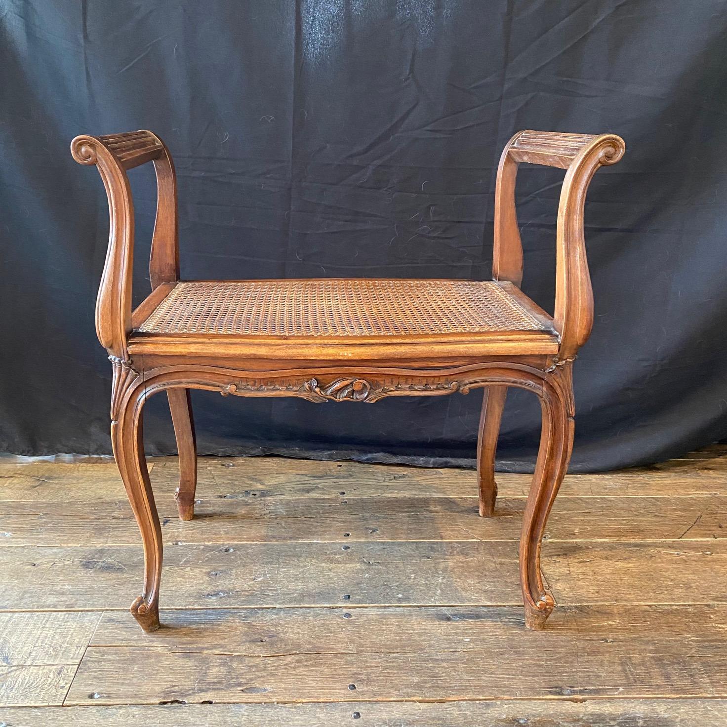 French Provincial Louis XV Carved Walnut Bench or Ottoman with Caning For Sale 7