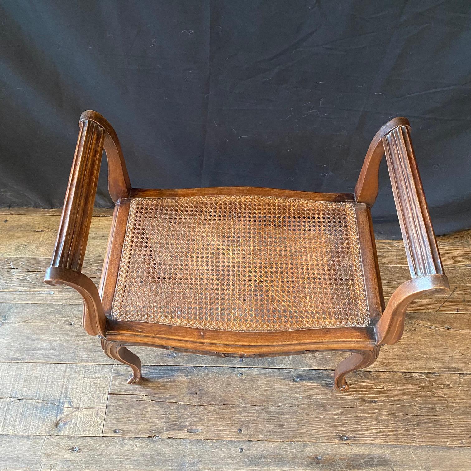 French Provincial Louis XV Carved Walnut Bench or Ottoman with Caning For Sale 10