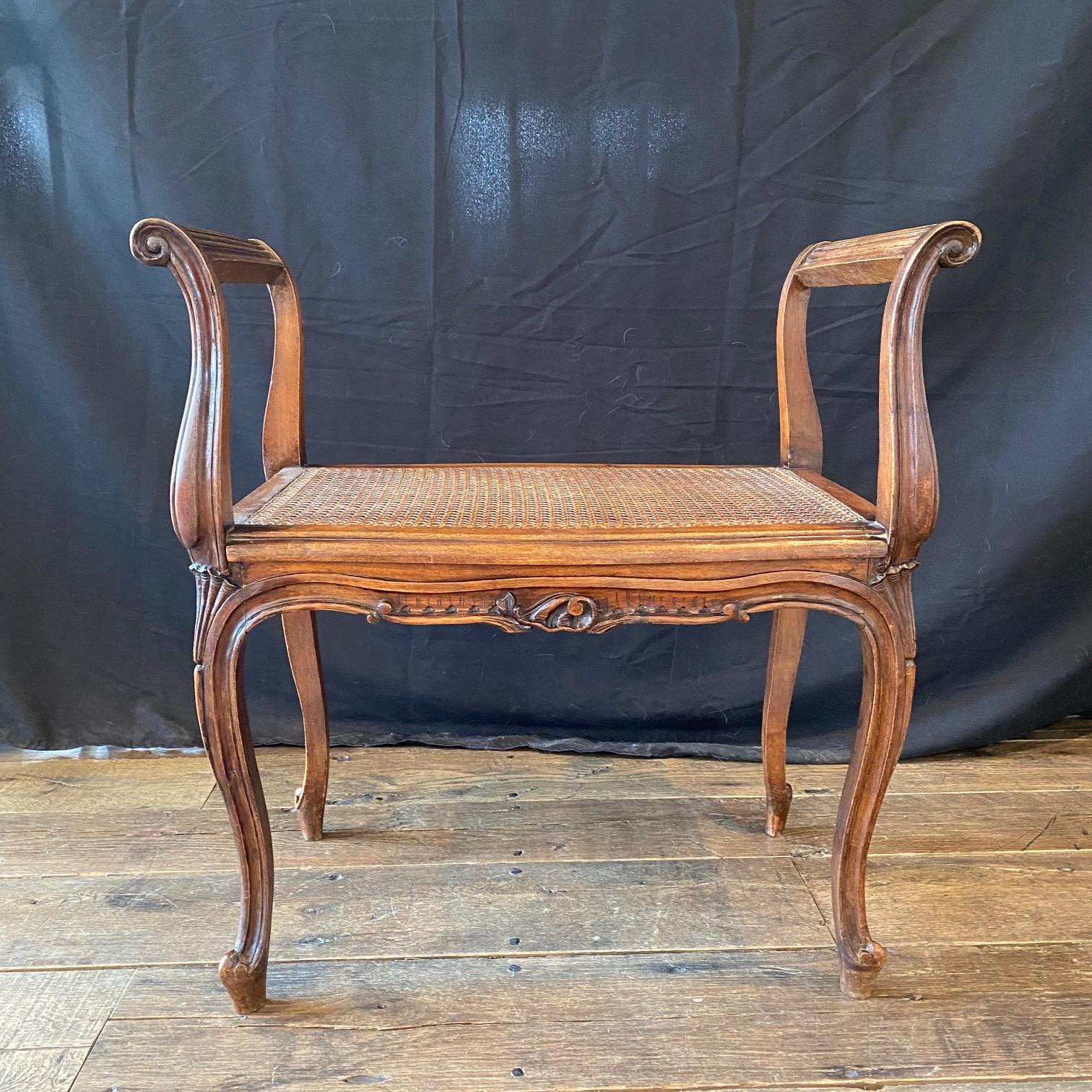 French Provincial Louis XV Carved Walnut Bench or Ottoman with Caning For Sale 11