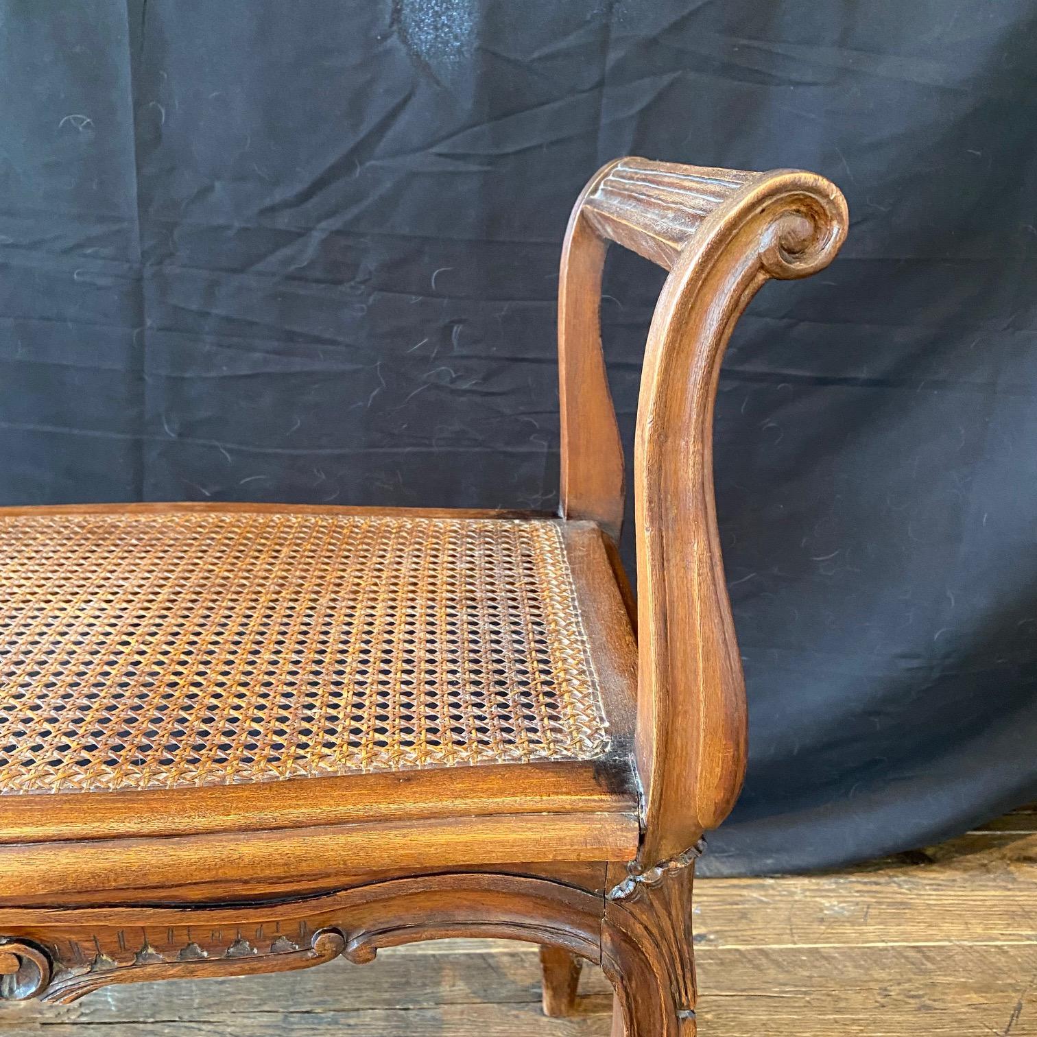 French Provincial Louis XV Carved Walnut Bench or Ottoman with Caning For Sale 14