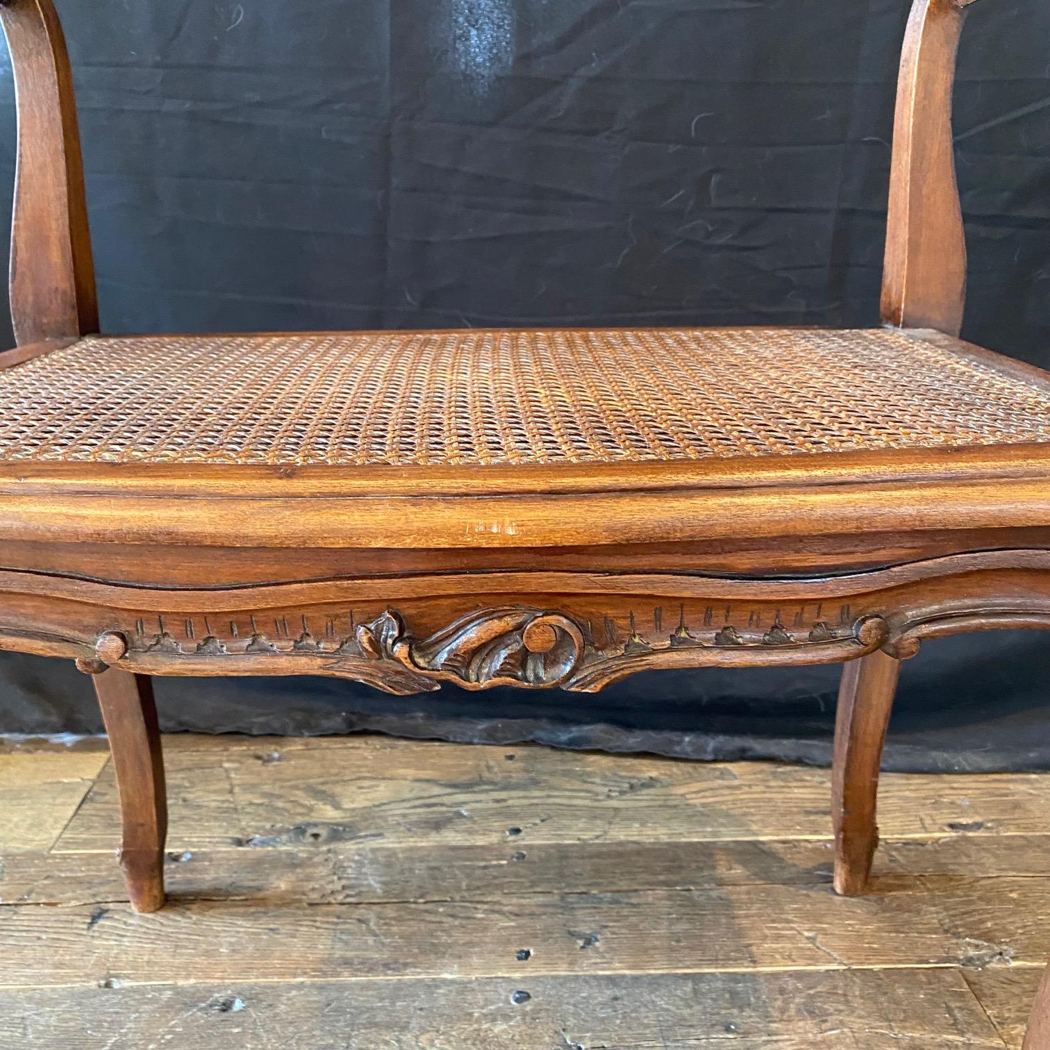 French Provincial Louis XV Carved Walnut Bench or Ottoman with Caning For Sale 17