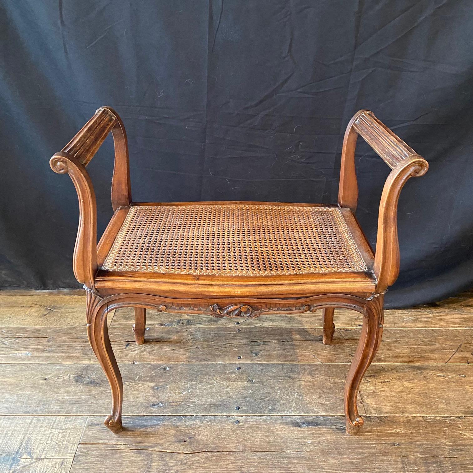 French Provincial Louis XV Carved Walnut Bench or Ottoman with Caning For Sale 18