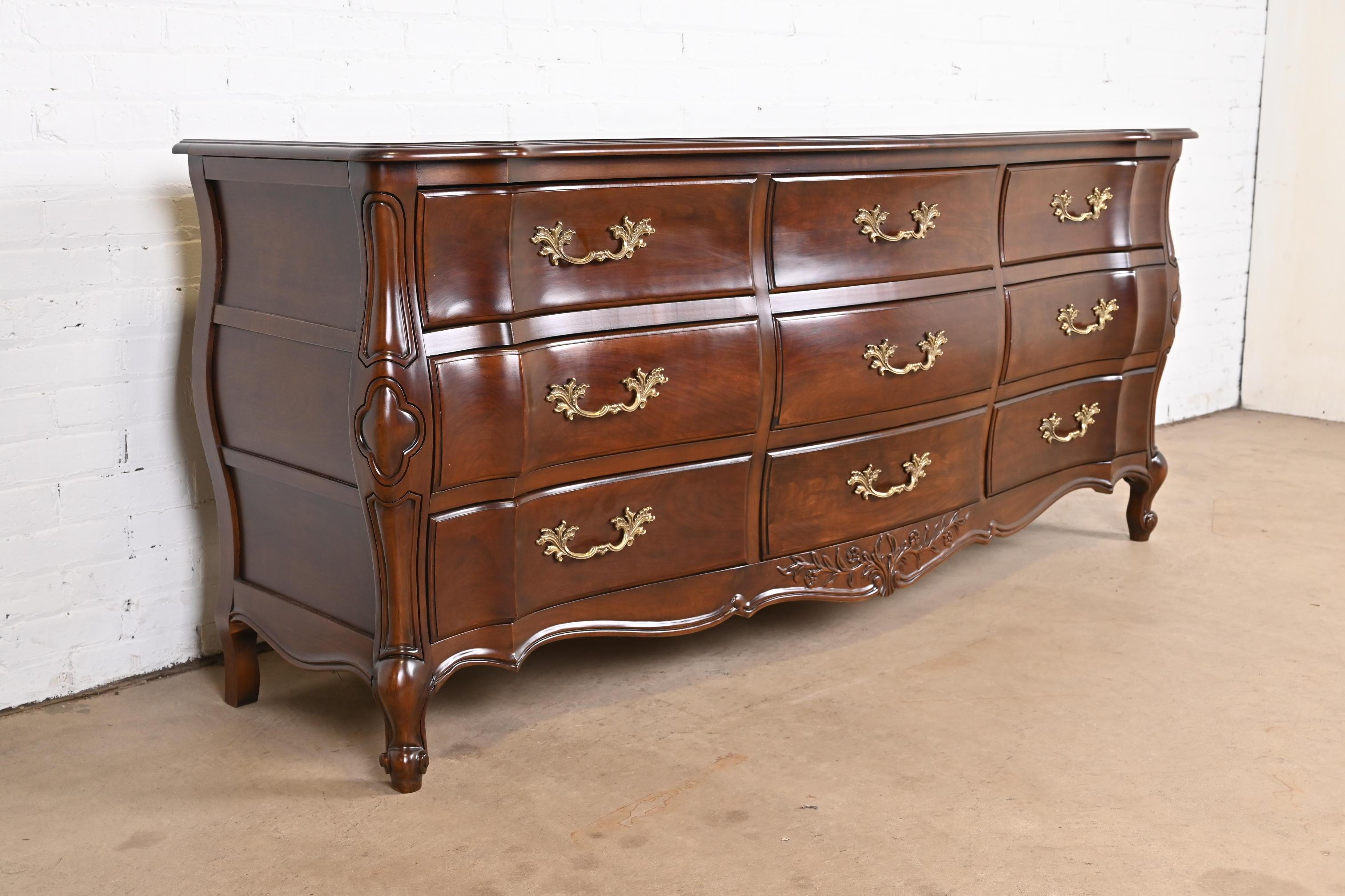 Brass French Provincial Louis XV Cherry Wood Dresser by White Furniture, Refinished For Sale