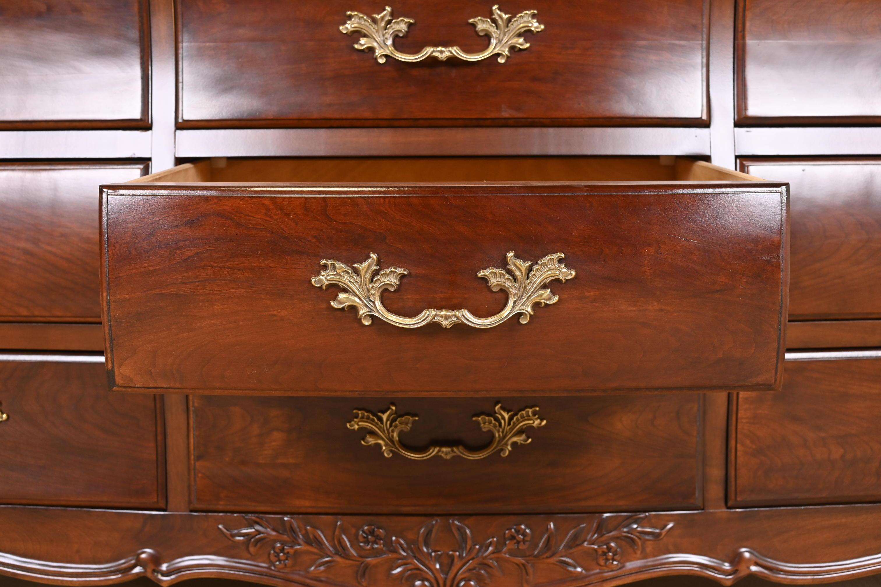 Brass French Provincial Louis XV Cherry Wood Dresser by White Furniture, Refinished For Sale