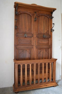 French Provincial Louis XV Coat Rack in Carved Chestnut and Wrought Iron