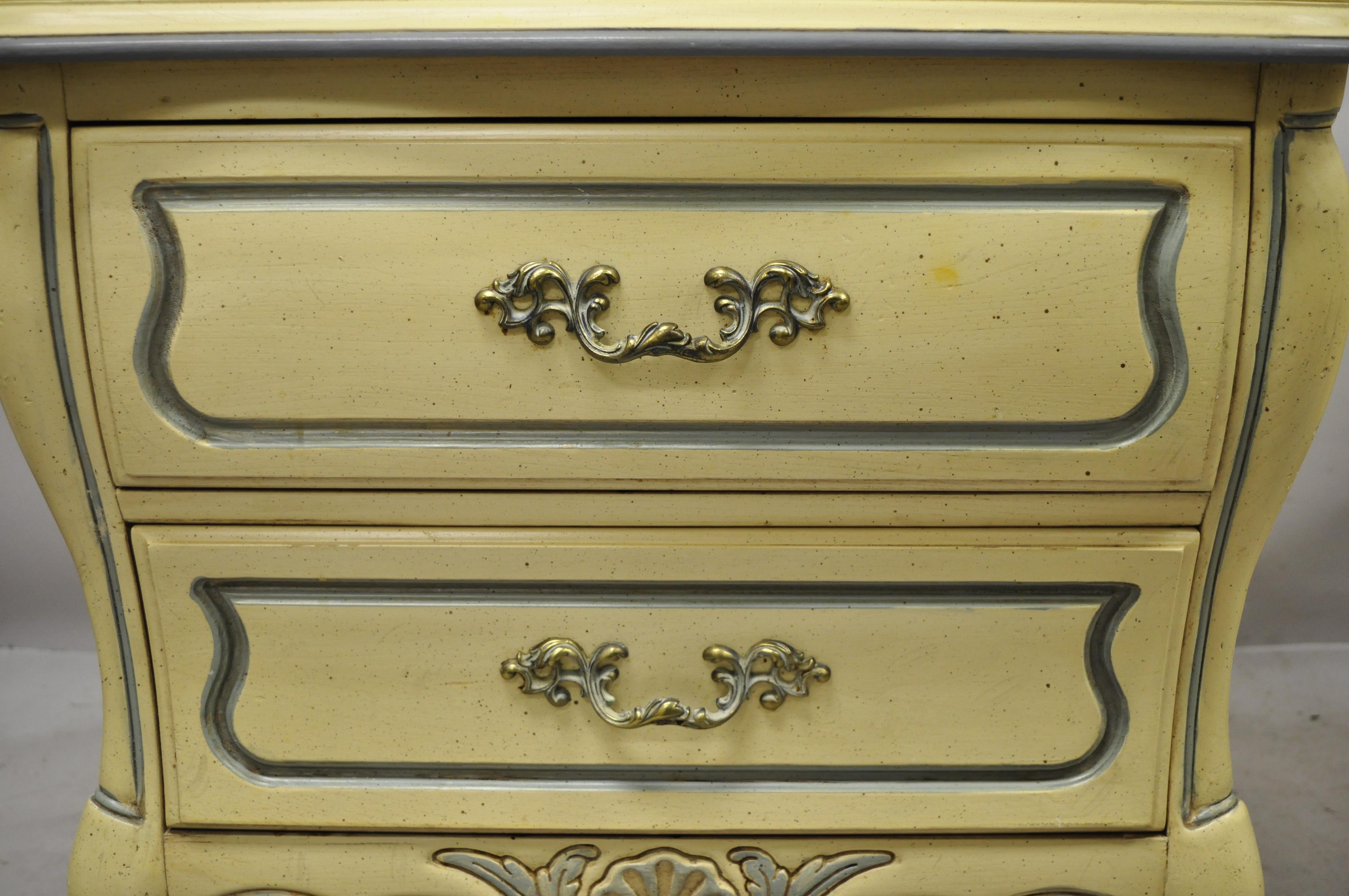 North American French Provincial Louis XV Country Cream Lacquer Bombe Nightstands, a Pair