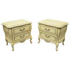 Vintage French Provincial Louis XV Country Cream Lacquer Bombe Nightstands, a Pair