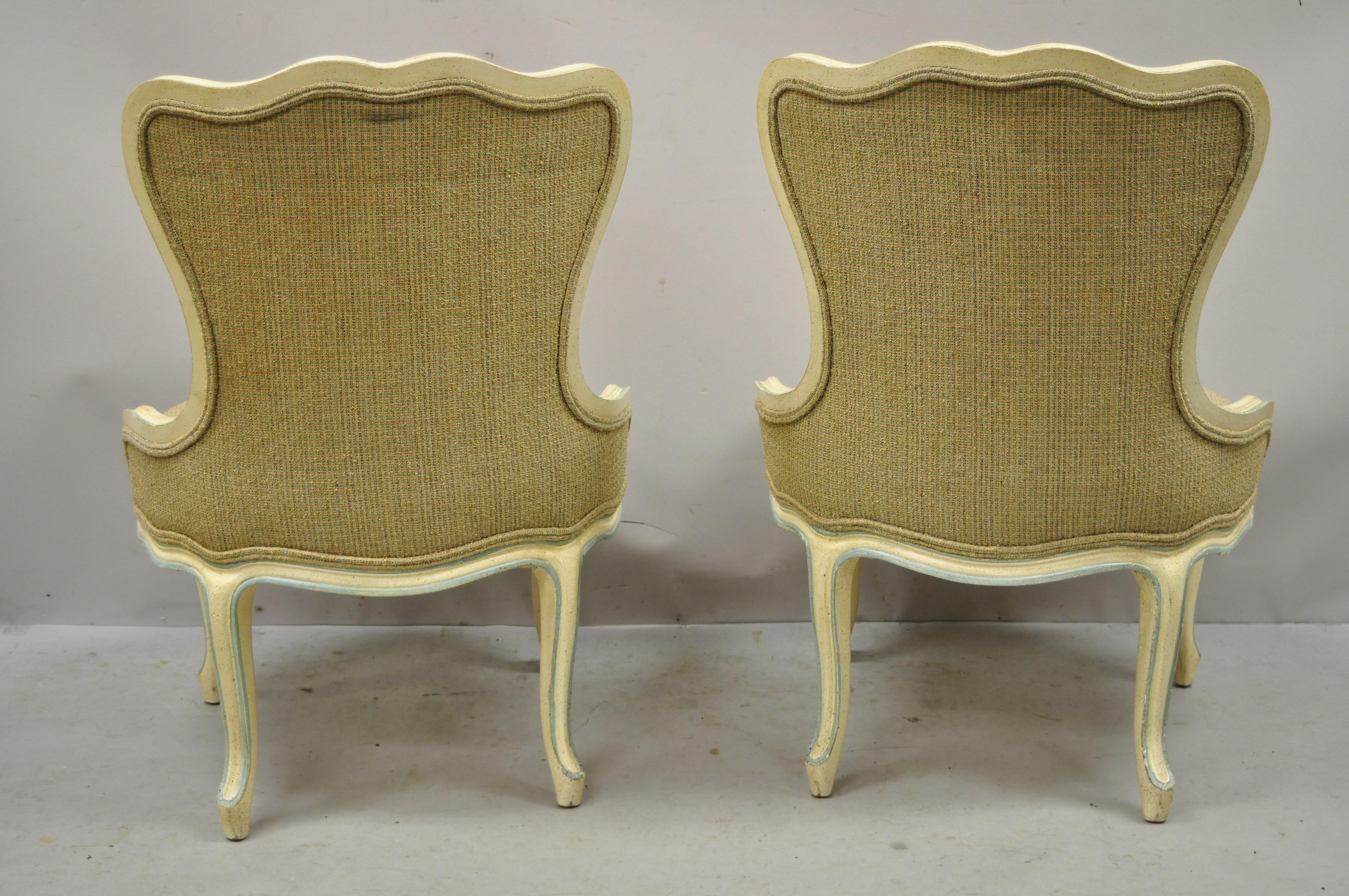 French Provincial Louis XV Cream Blue Hiprest Boudoir Slipper Chairs, a Pair For Sale 1